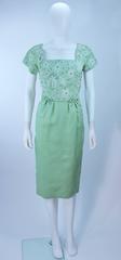 1950's Sage Green Dress with White Floral Embroidery and Beading Size 2 4
