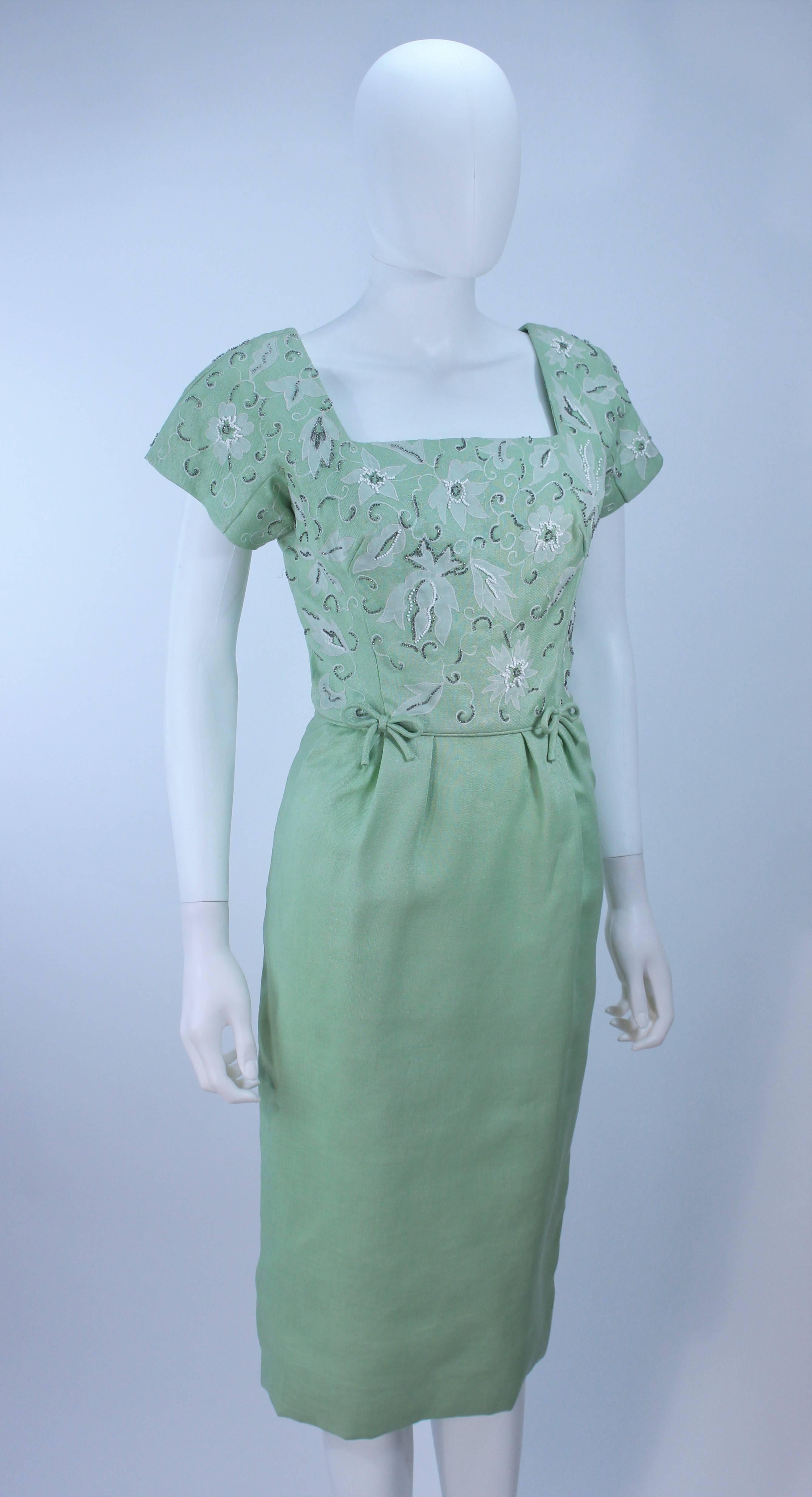 Blue 1950's Sage Green Dress with White Floral Embroidery and Beading Size 2 4 For Sale