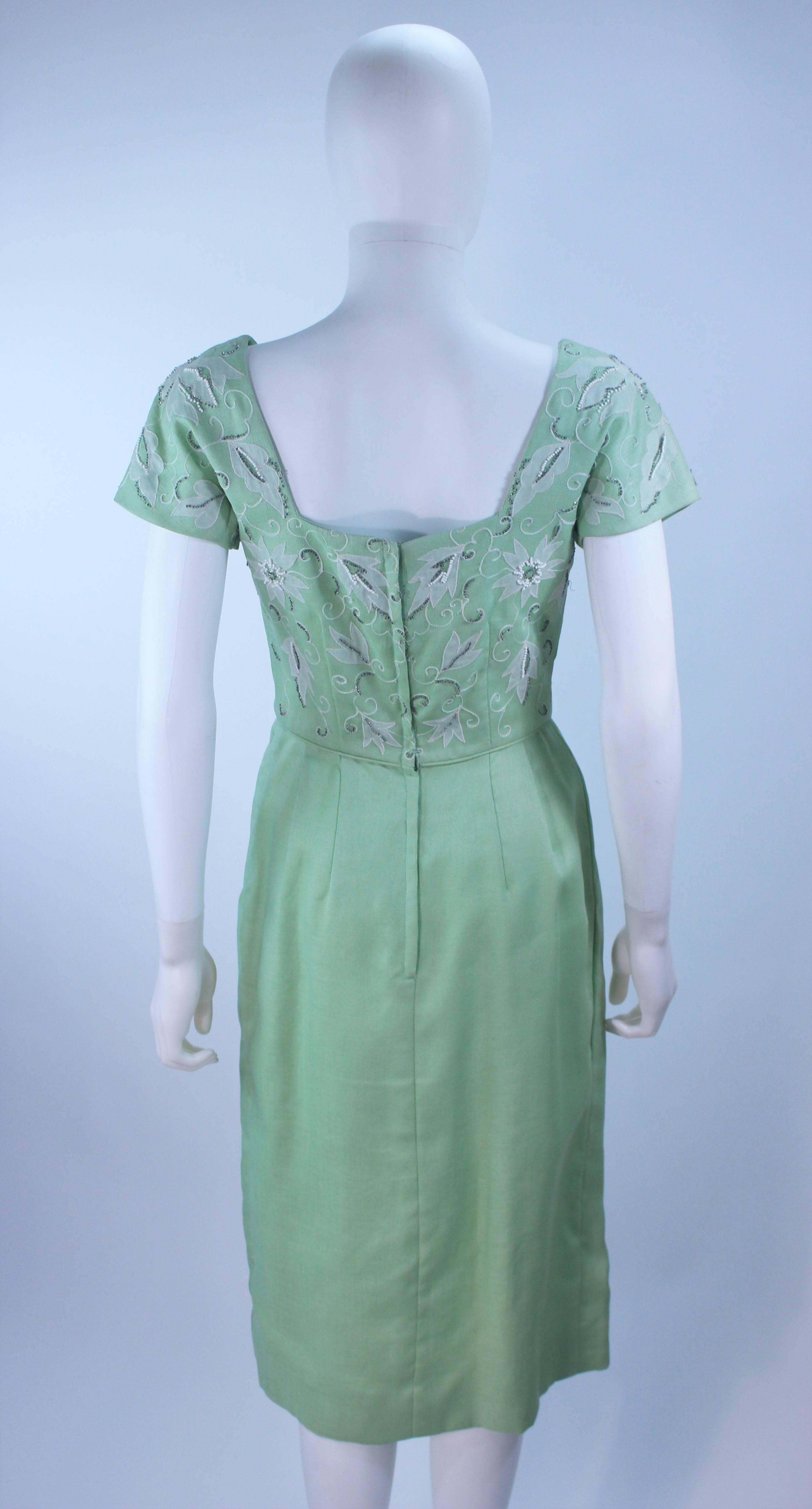 1950's Sage Green Dress with White Floral Embroidery and Beading Size 2 4 For Sale 1