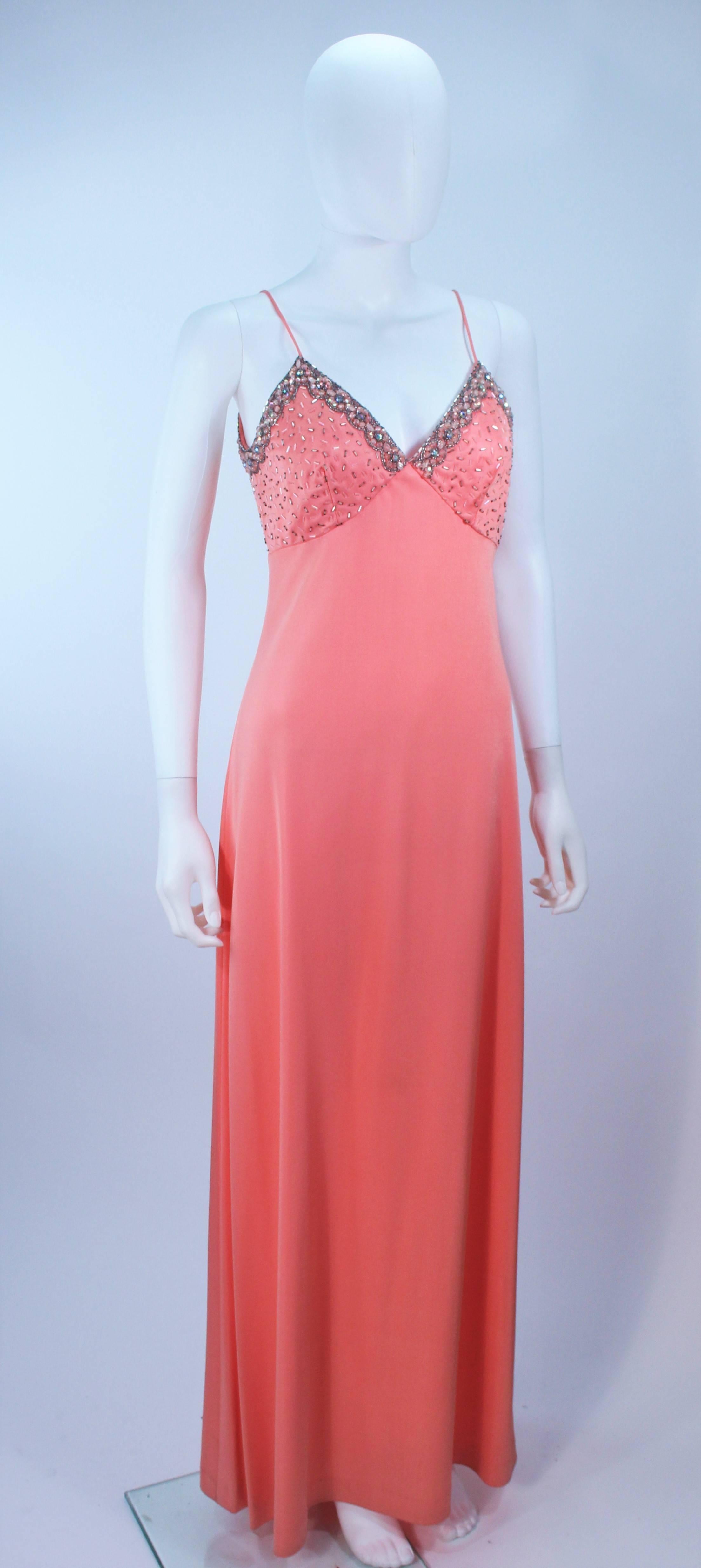 Women's 1970's Coral Jersey Maxi Gown with Embellished Bust Size 6 For Sale