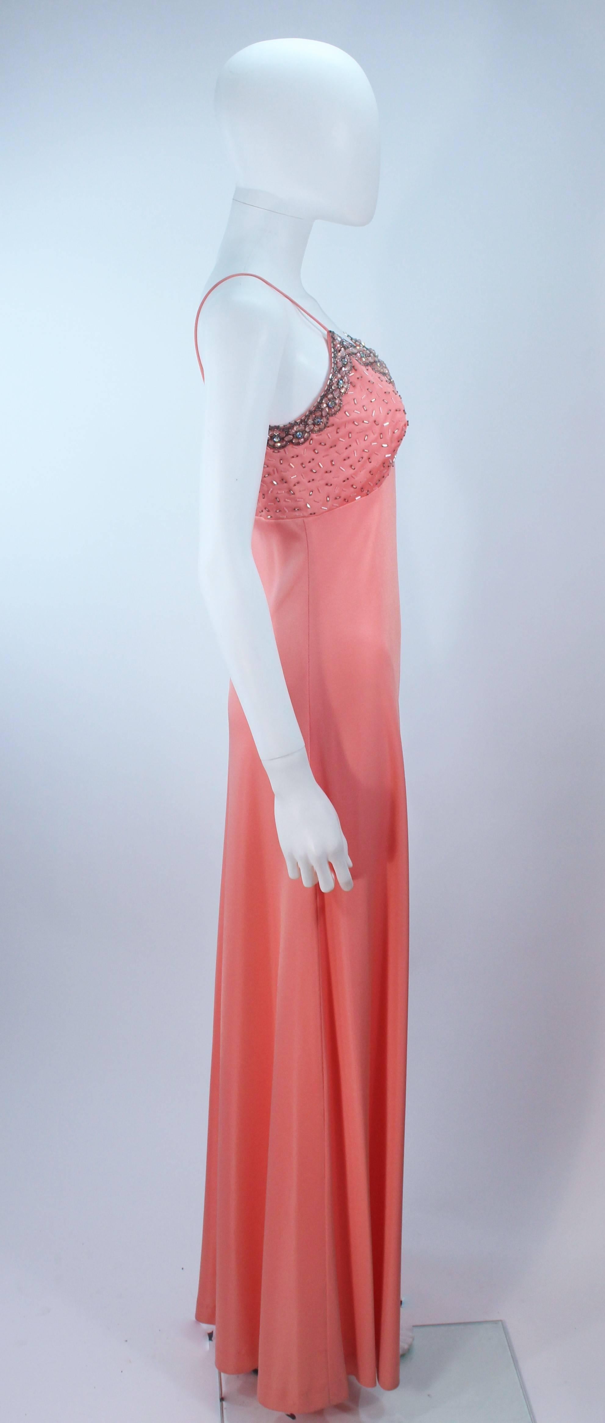 1970's Coral Jersey Maxi Gown with Embellished Bust Size 6 For Sale 2