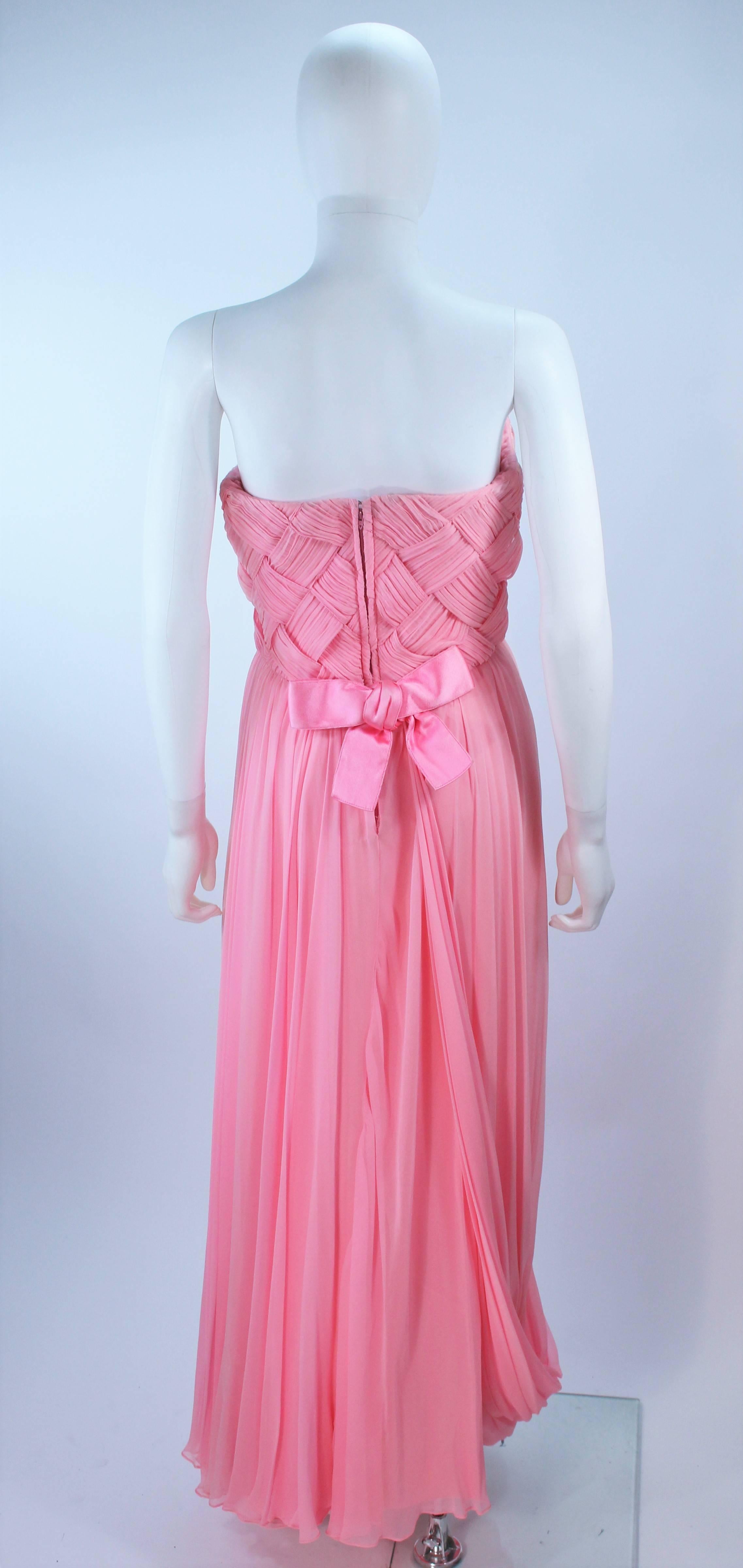 SCAASI Pink Draped SILK Chiffon Gown with Criss-Cross Bodice Size 4-6 For Sale 2
