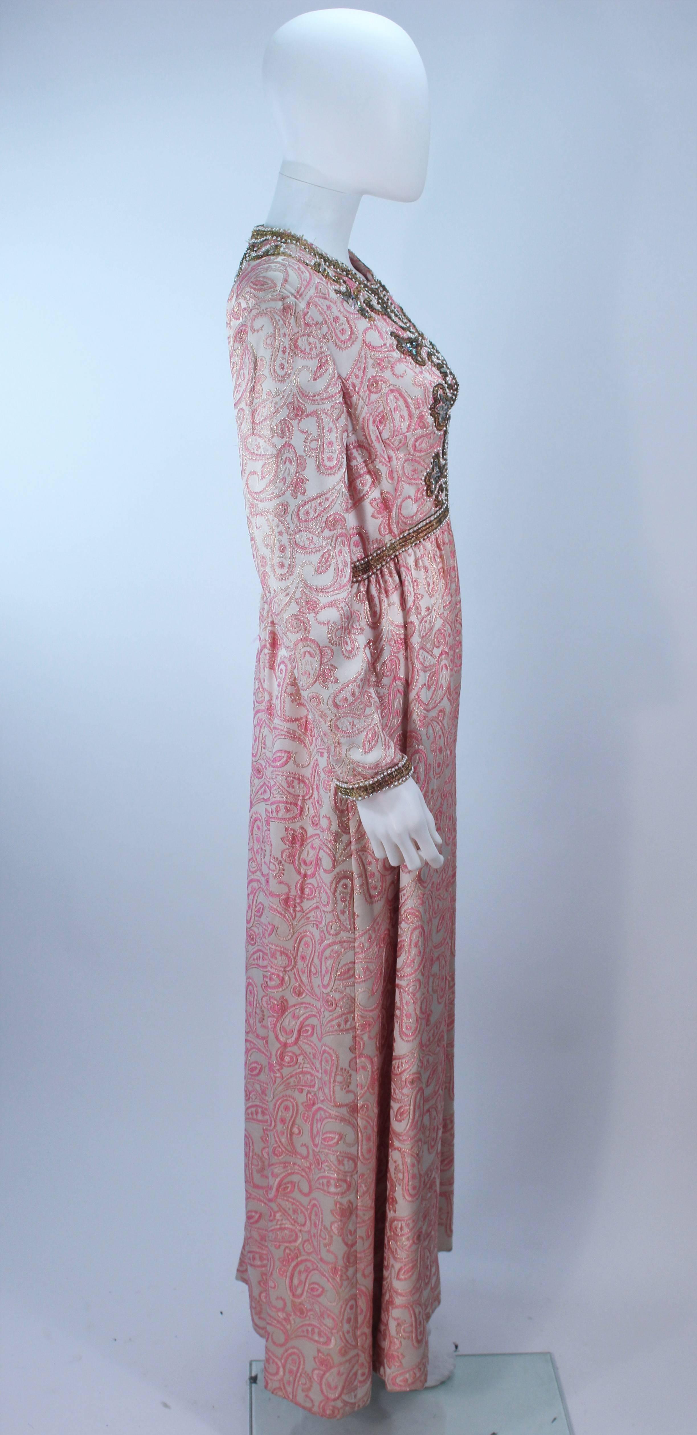 CEIL CHAPMAN 1960's Pink Paisley Brocade Gown with Beaded Applique Size 6 8 2