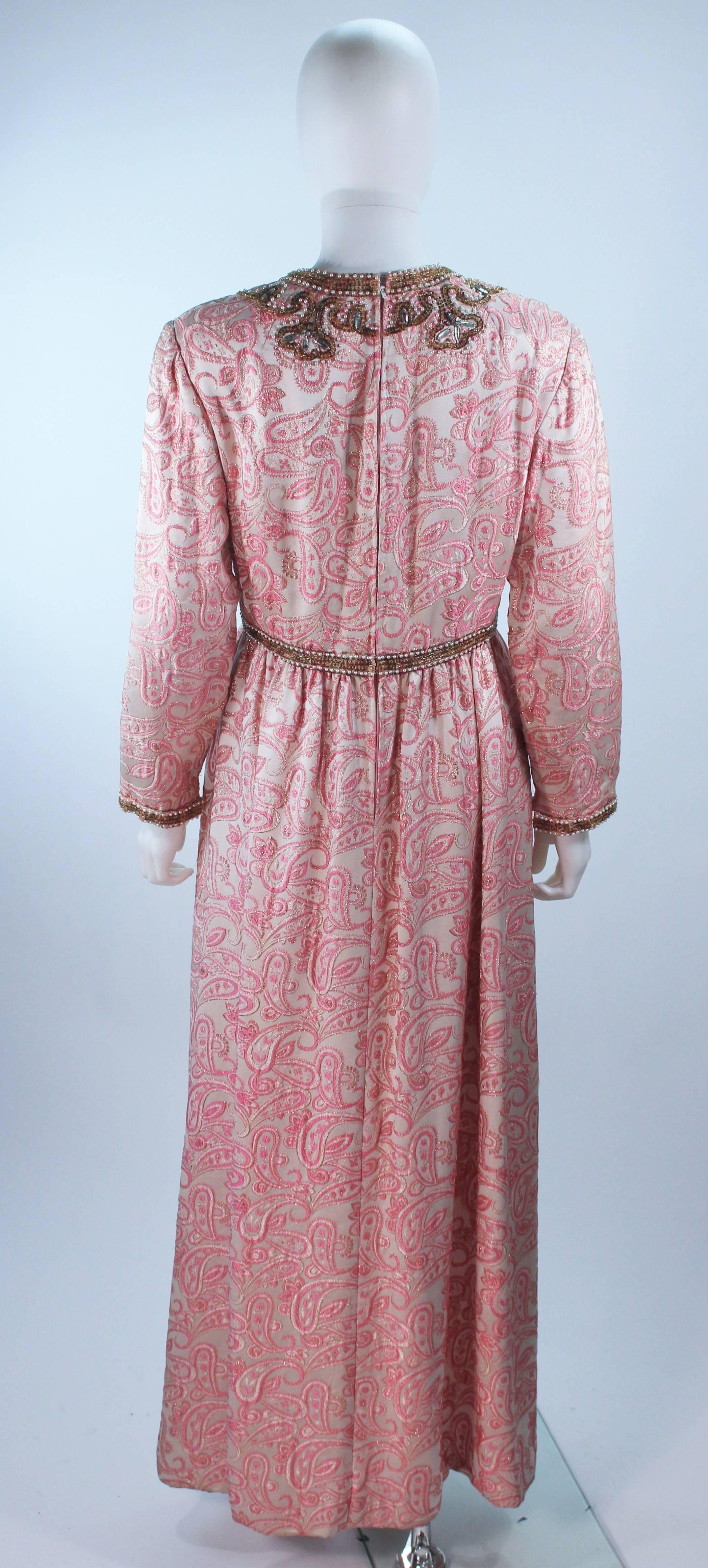 CEIL CHAPMAN 1960's Pink Paisley Brocade Gown with Beaded Applique Size 6 8 3