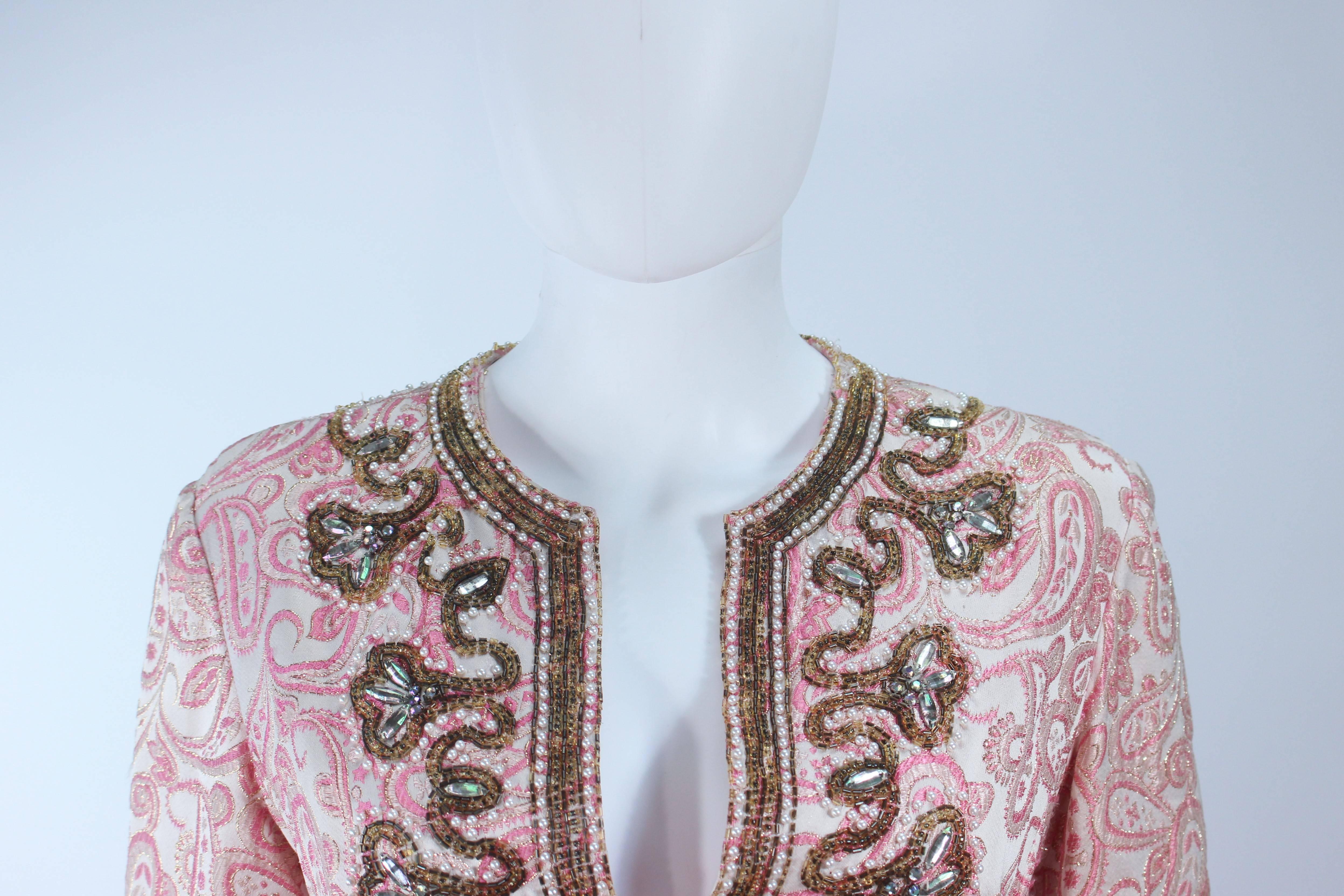 Brown CEIL CHAPMAN 1960's Pink Paisley Brocade Gown with Beaded Applique Size 6 8