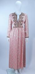 CEIL CHAPMAN 1960's Pink Paisley Brocade Gown with Beaded Applique Size 6 8