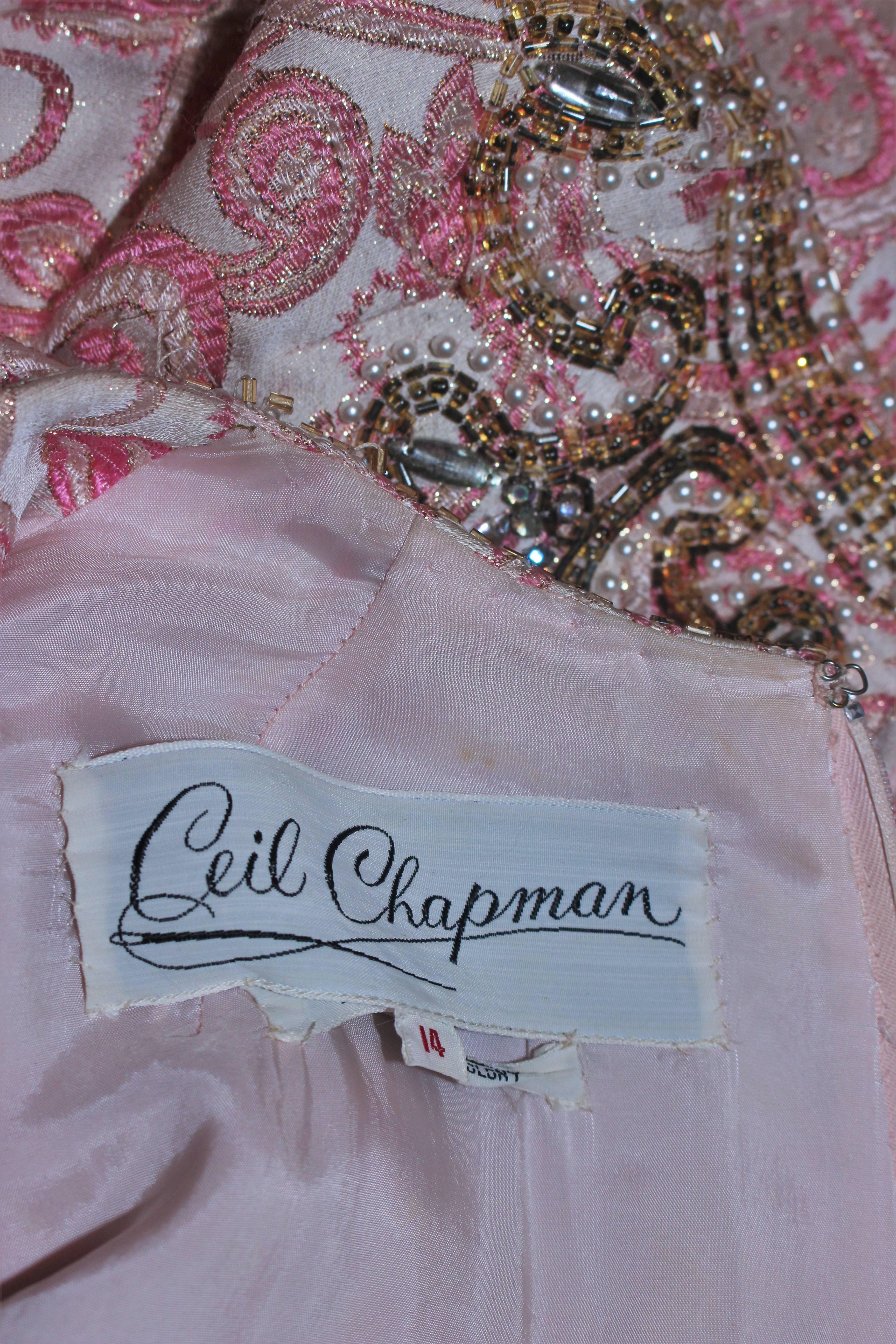 CEIL CHAPMAN 1960's Pink Paisley Brocade Gown with Beaded Applique Size 6 8 4