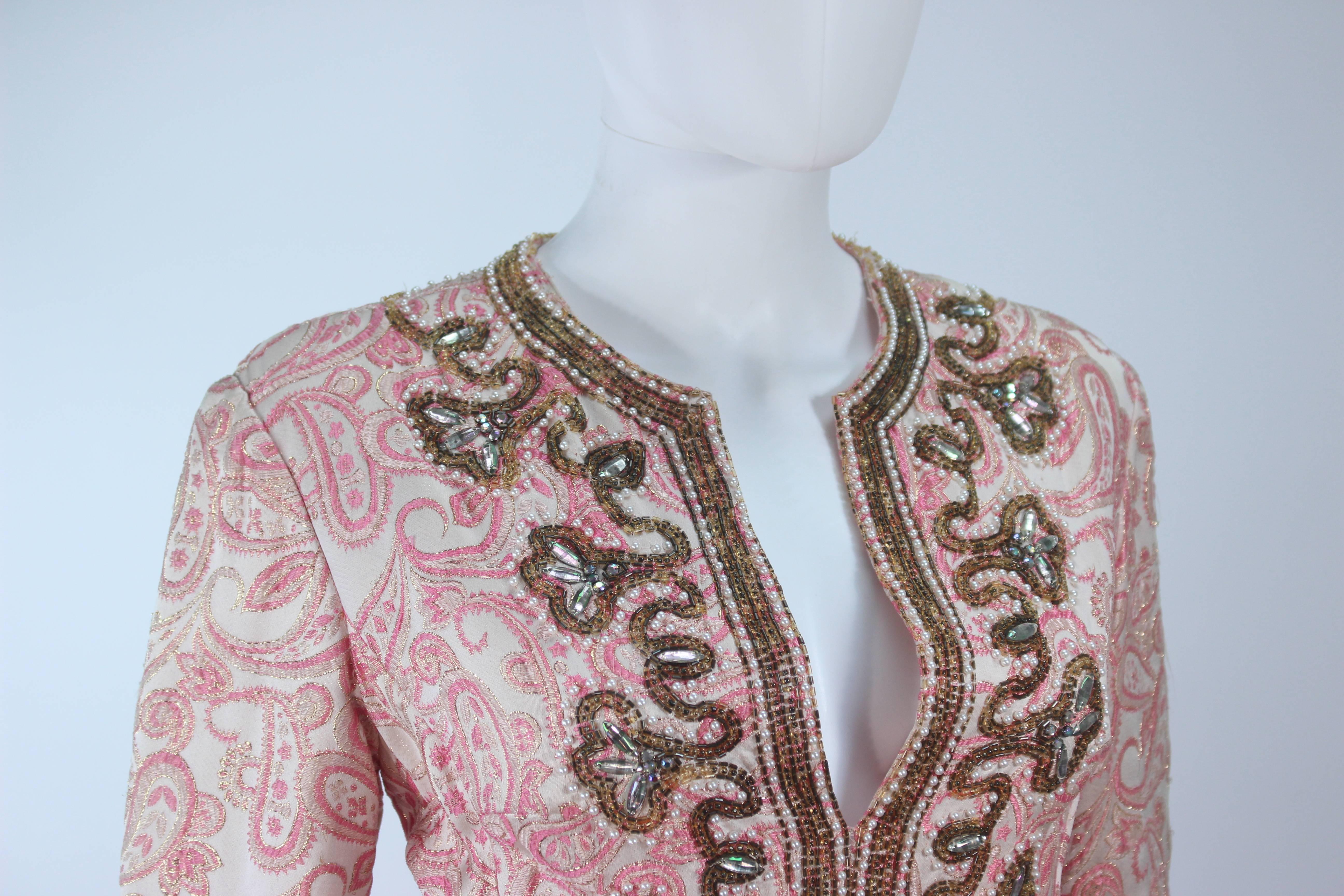 CEIL CHAPMAN 1960's Pink Paisley Brocade Gown with Beaded Applique Size 6 8 1