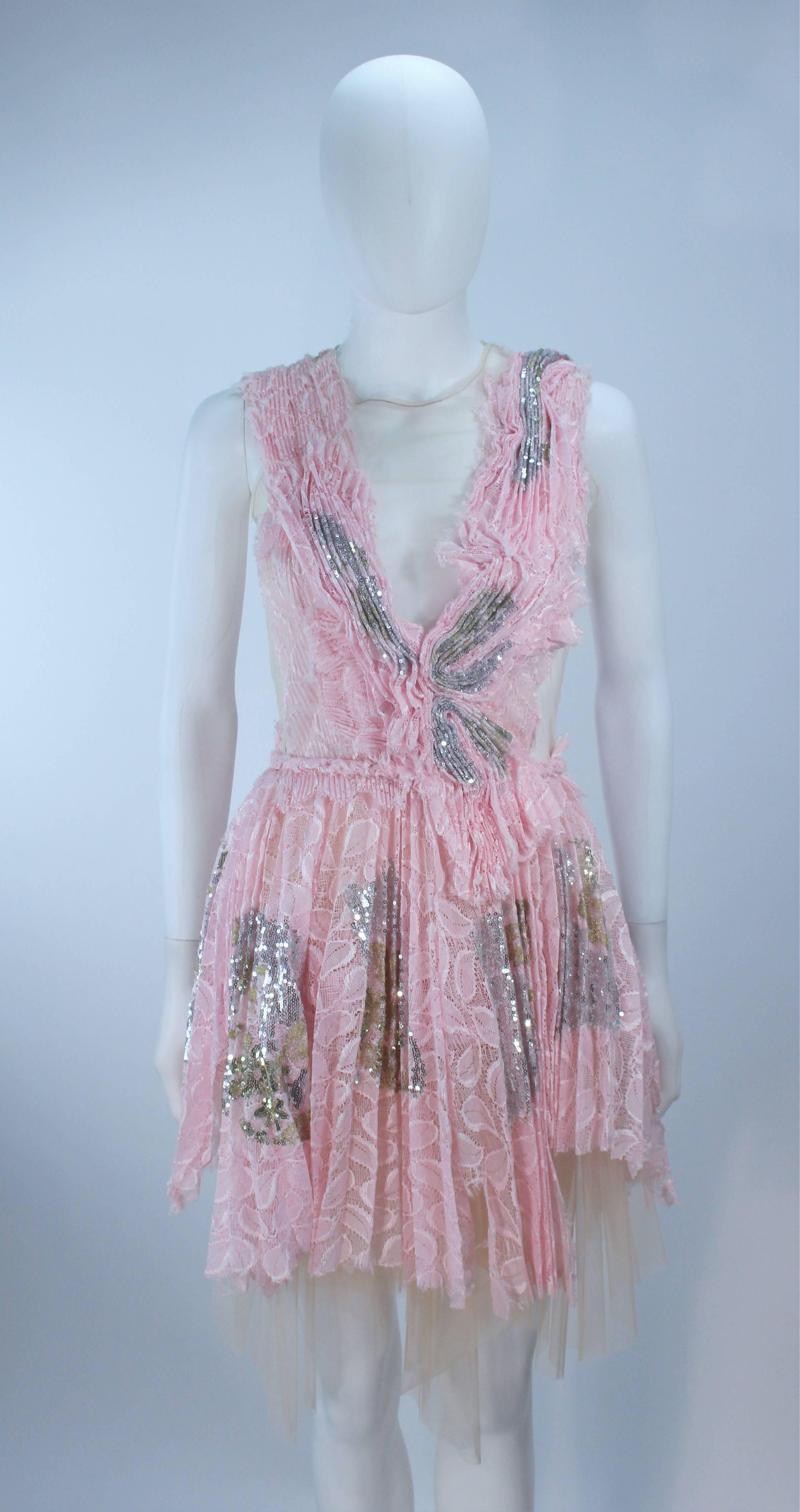 Gray MORALES Sheer Pink Applique Cocktail Dress with Sequins Size 2 For Sale