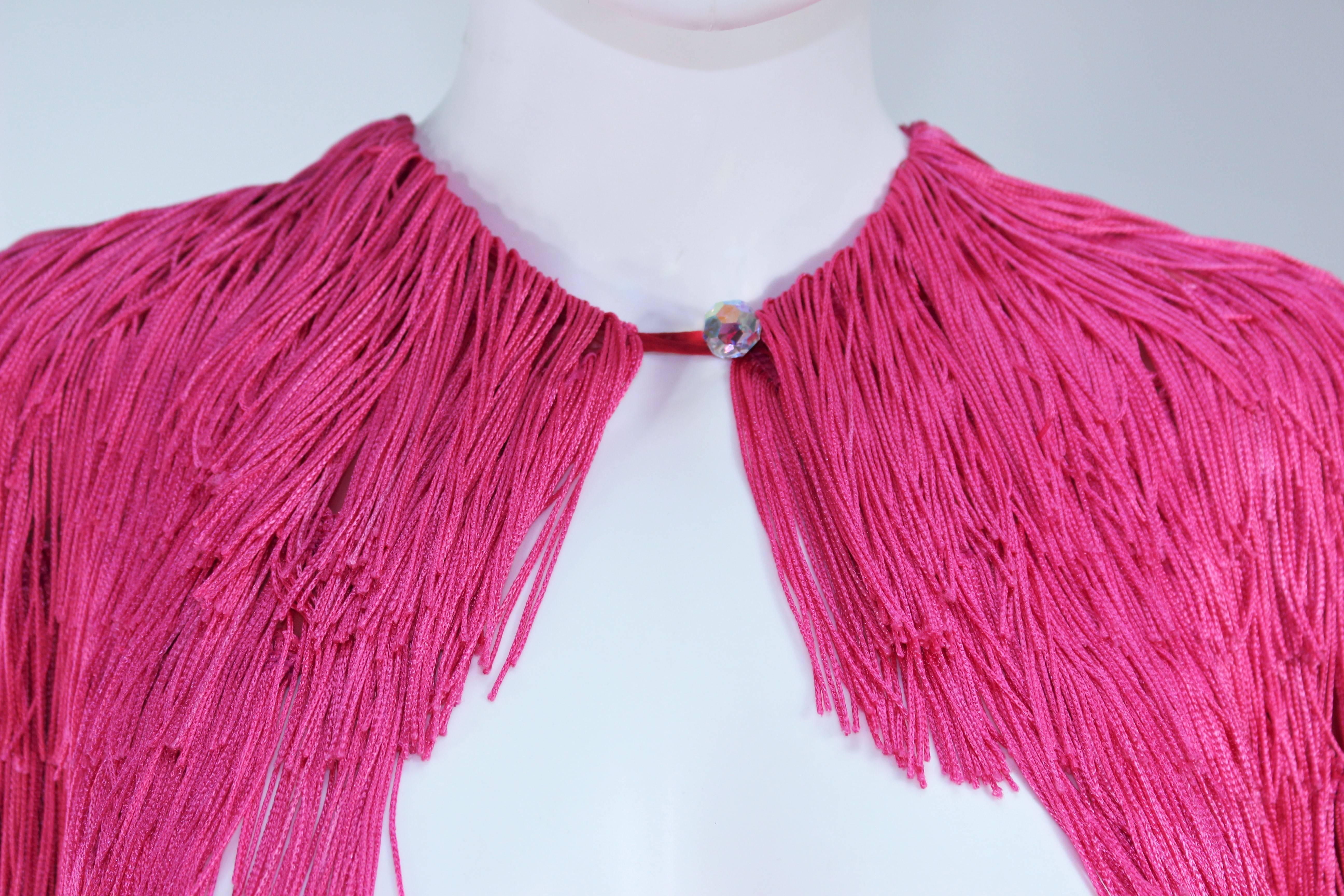 ELIZABETH GILLET NYC Pink Fringe Cape with Faceted Iridescent Button OS In Excellent Condition In Los Angeles, CA