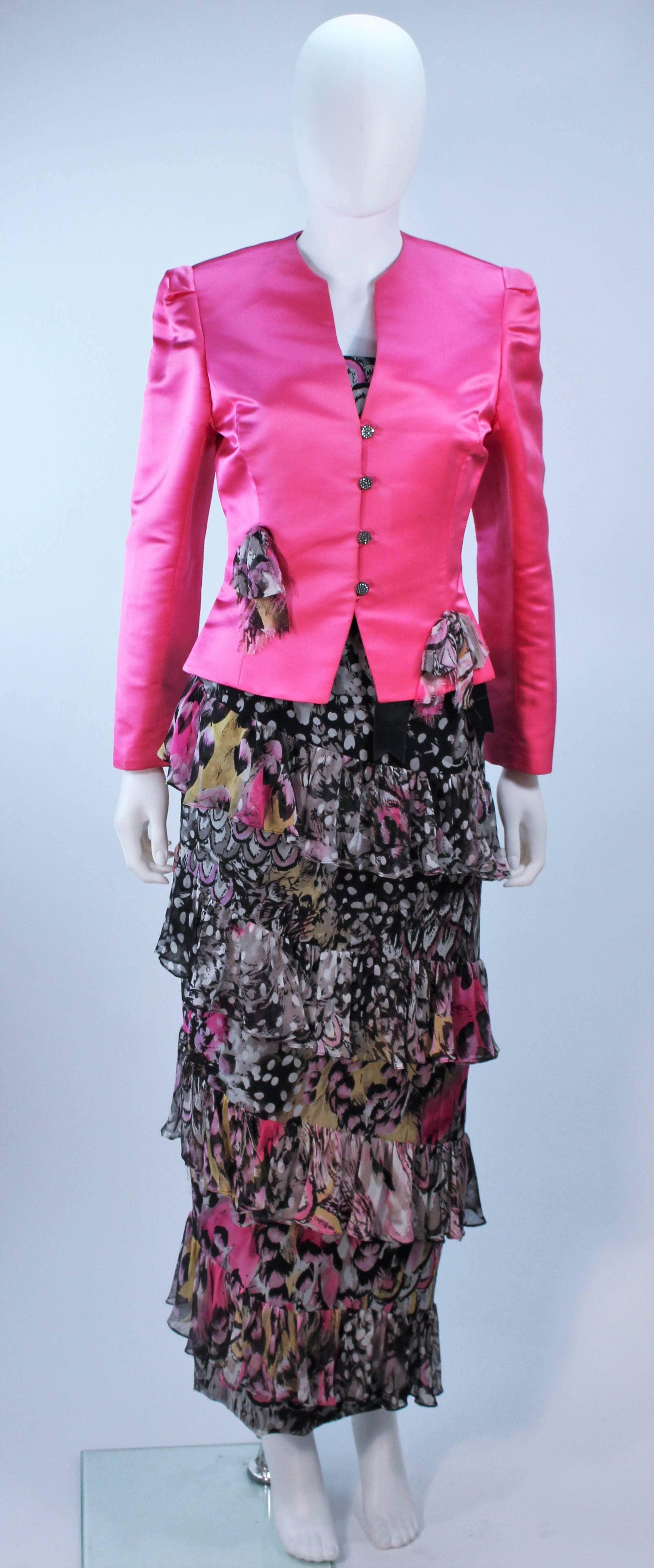 Black DAVID HAYES Two Piece Ruffled Gown and Pink Silk Jacket Size 4 6  For Sale