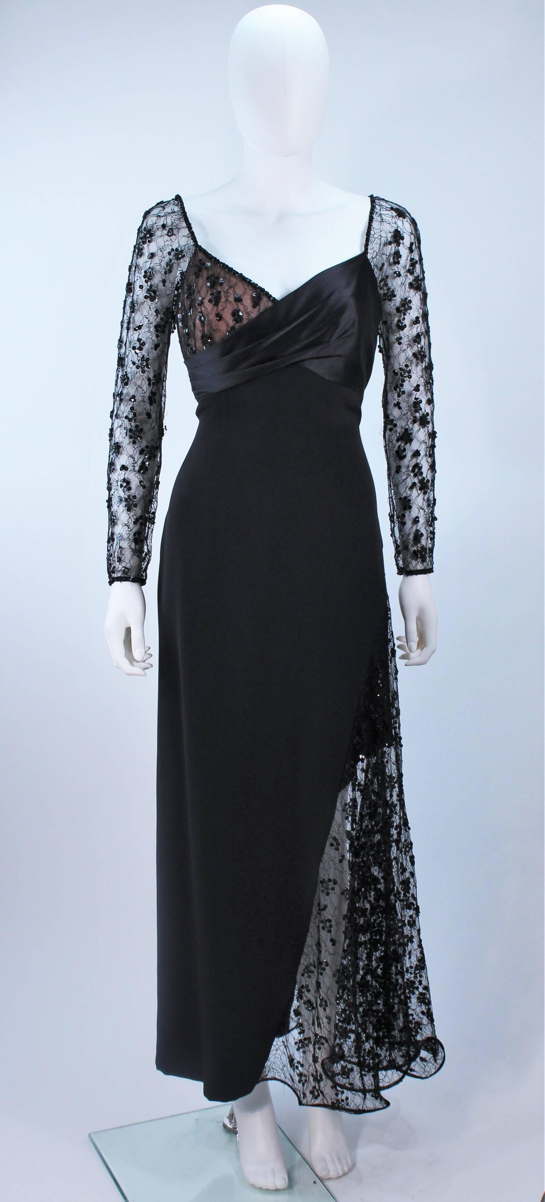 This Travilla  gown is composed of black silk and features beaded lace accenting with a nude underlay. There is a center back zipper closure. In excellent vintage condition.

  **Please cross-reference measurements for personal accuracy.