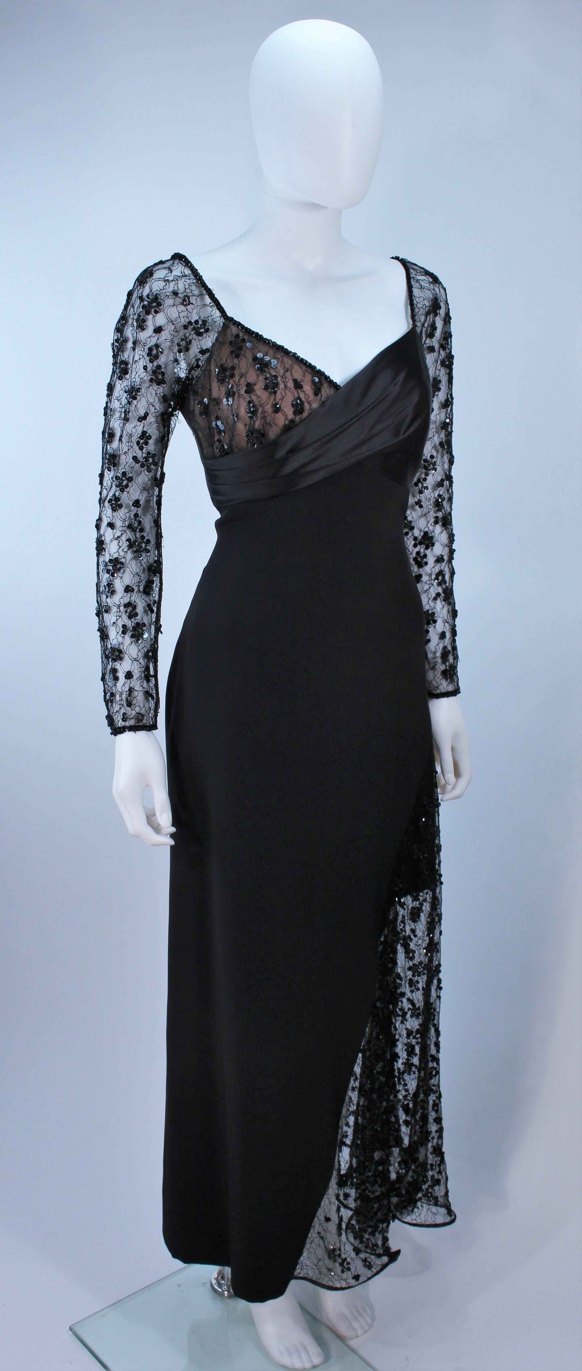 TRAVILLA Black Silk Gown with Bead Lace Size 8 In Excellent Condition For Sale In Los Angeles, CA