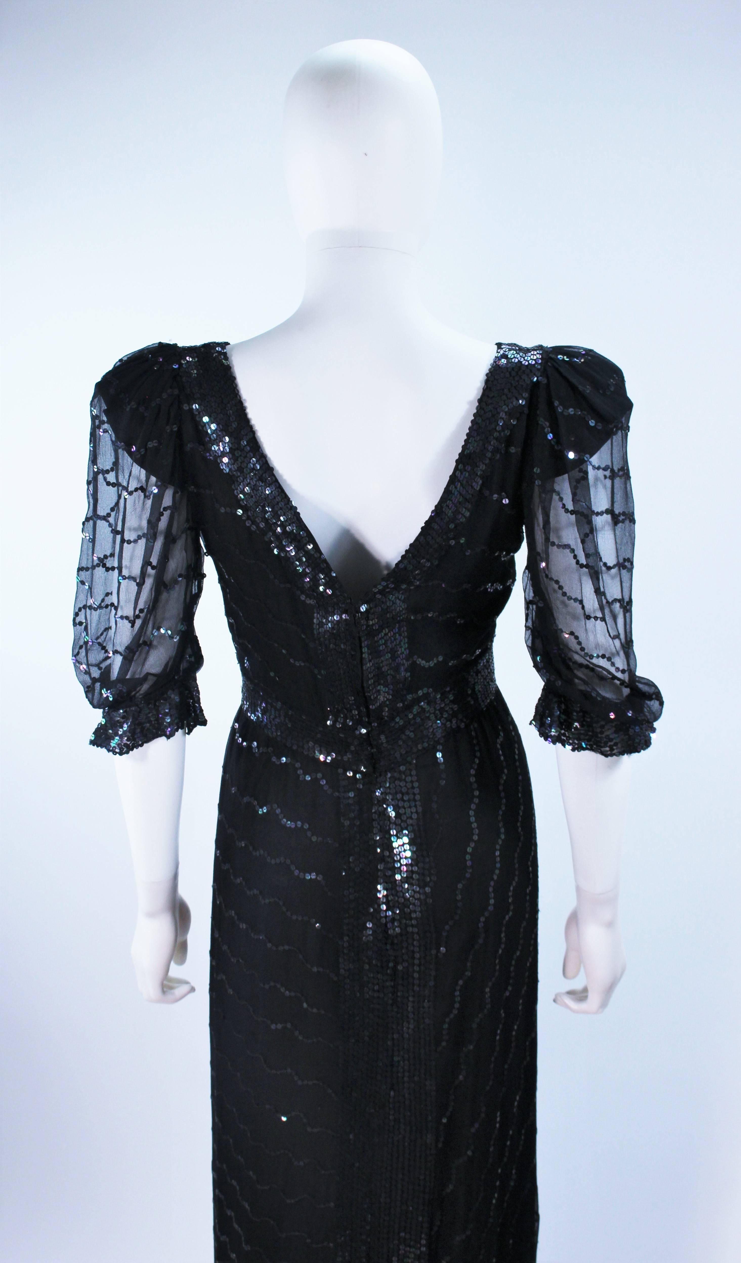 1970's VINTAGE Black Silk Chiffon Gown with Iridescent Sequins Size 4 6 For Sale 6