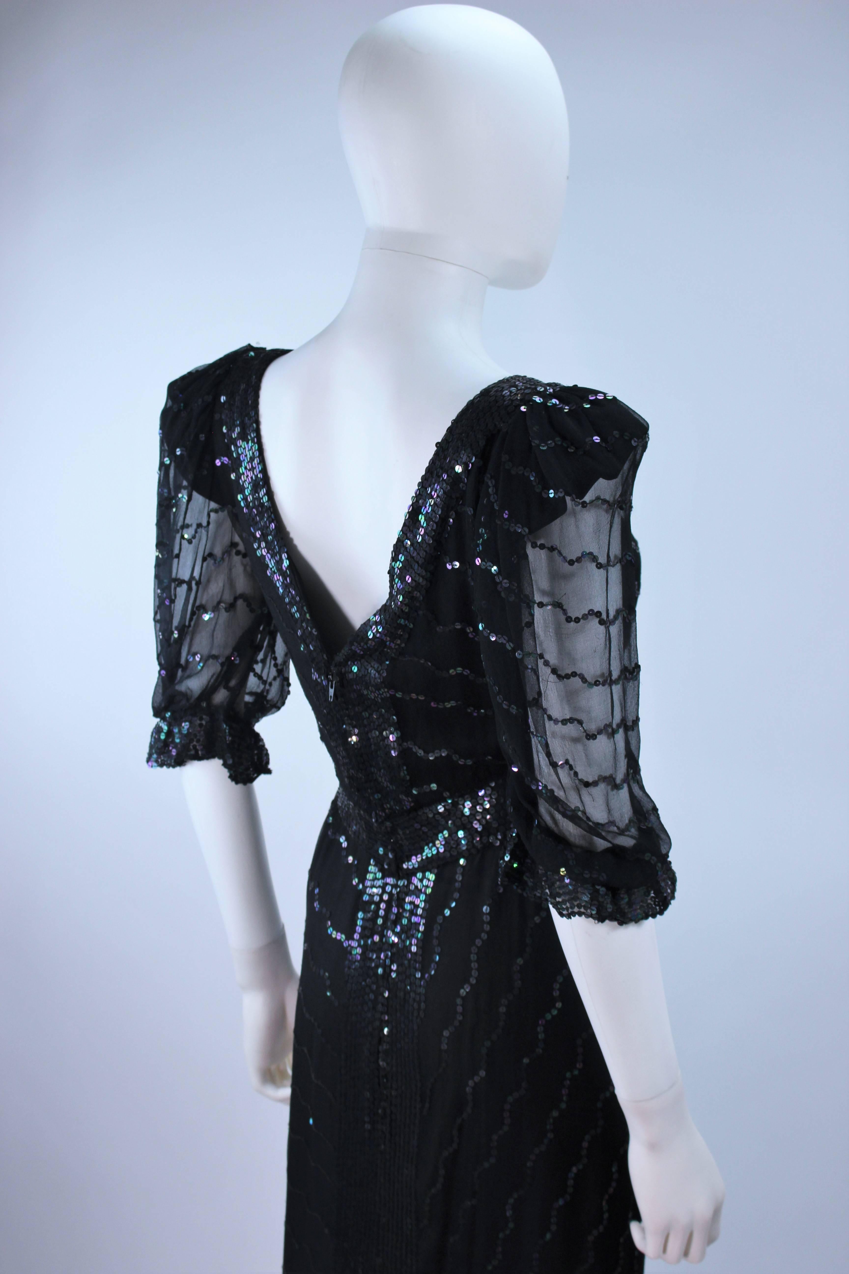 1970's VINTAGE Black Silk Chiffon Gown with Iridescent Sequins Size 4 6 For Sale 4