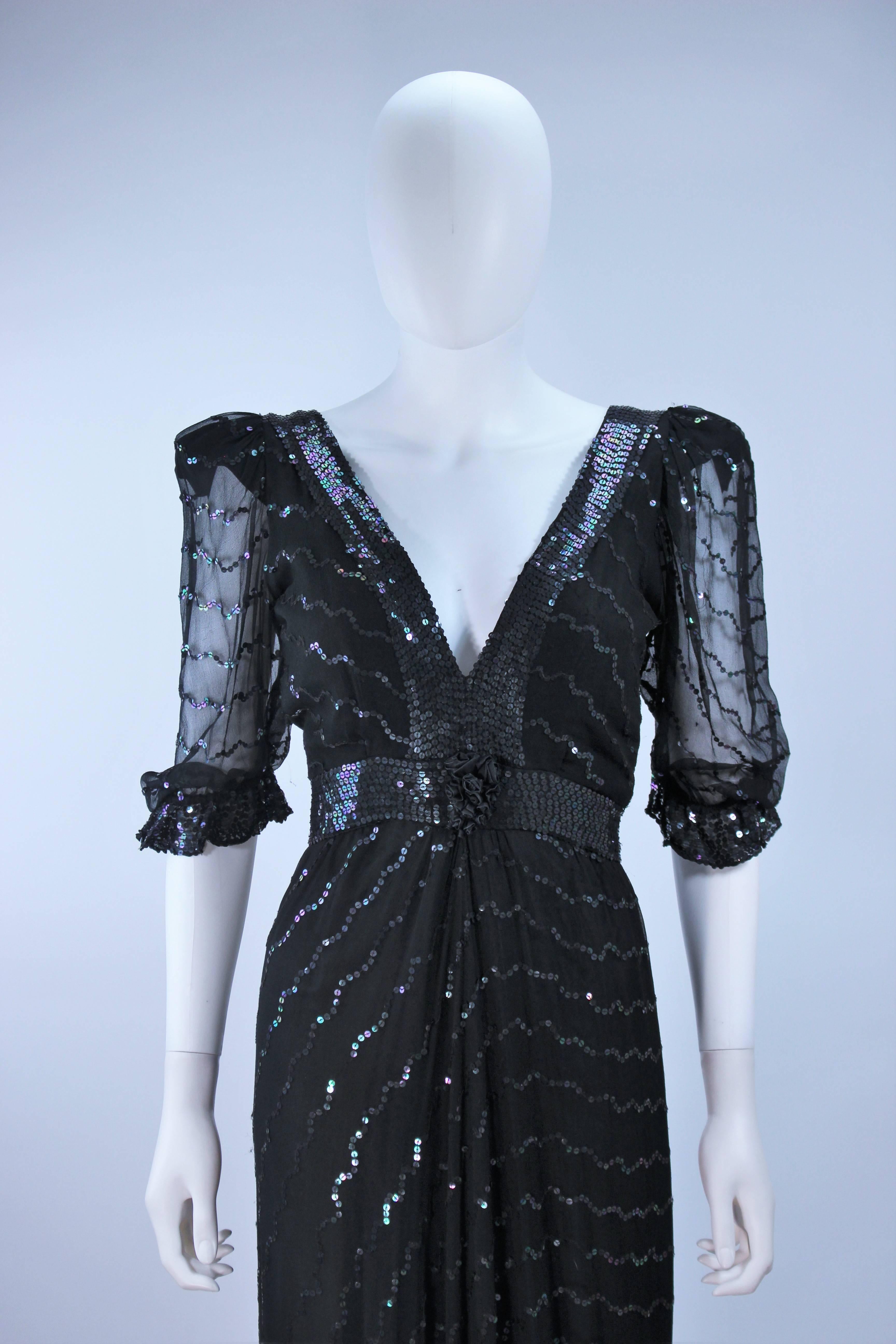 1970's VINTAGE Black Silk Chiffon Gown with Iridescent Sequins Size 4 6 In Excellent Condition For Sale In Los Angeles, CA