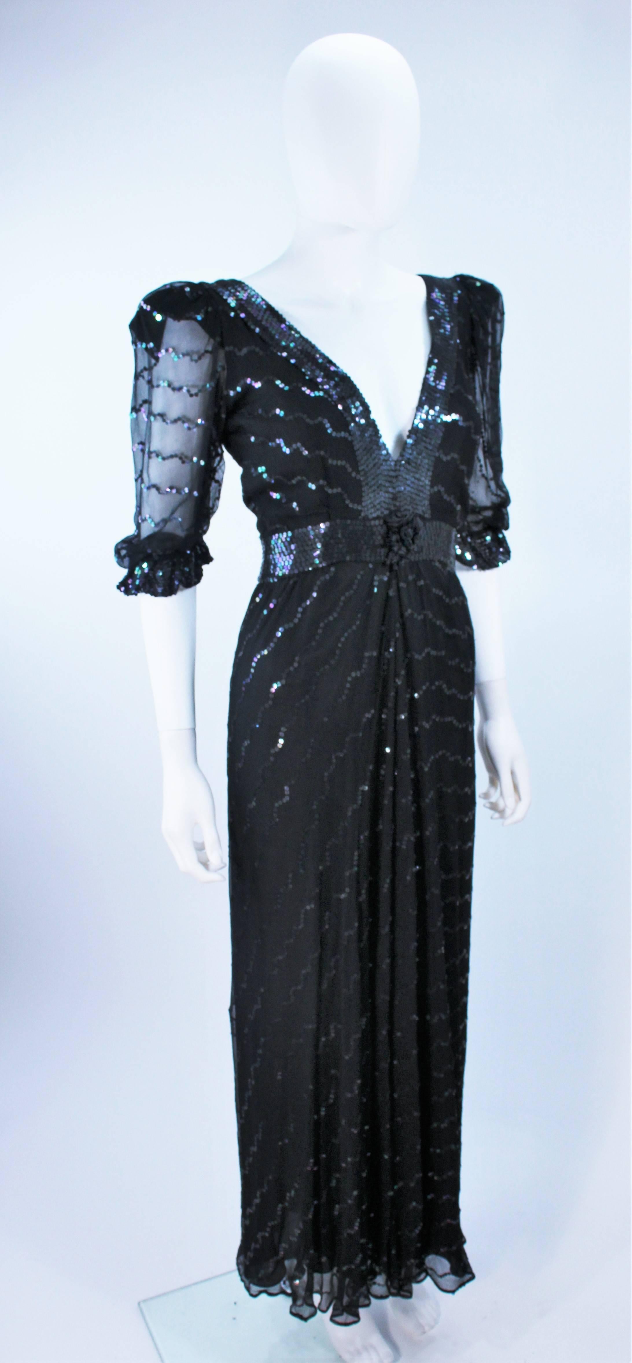 Women's 1970's VINTAGE Black Silk Chiffon Gown with Iridescent Sequins Size 4 6 For Sale