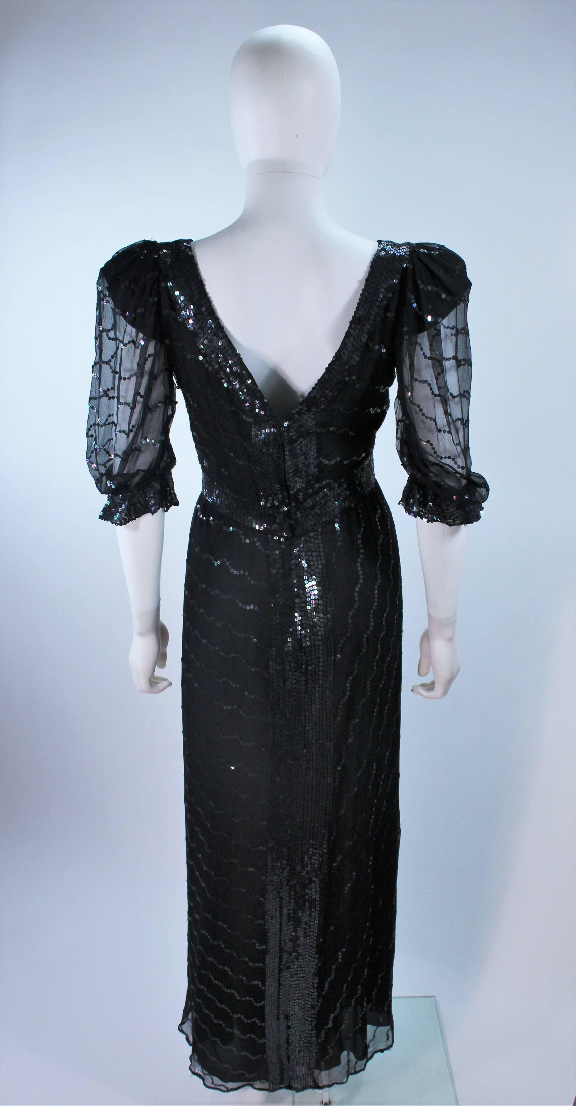 1970's VINTAGE Black Silk Chiffon Gown with Iridescent Sequins Size 4 6 For Sale 5