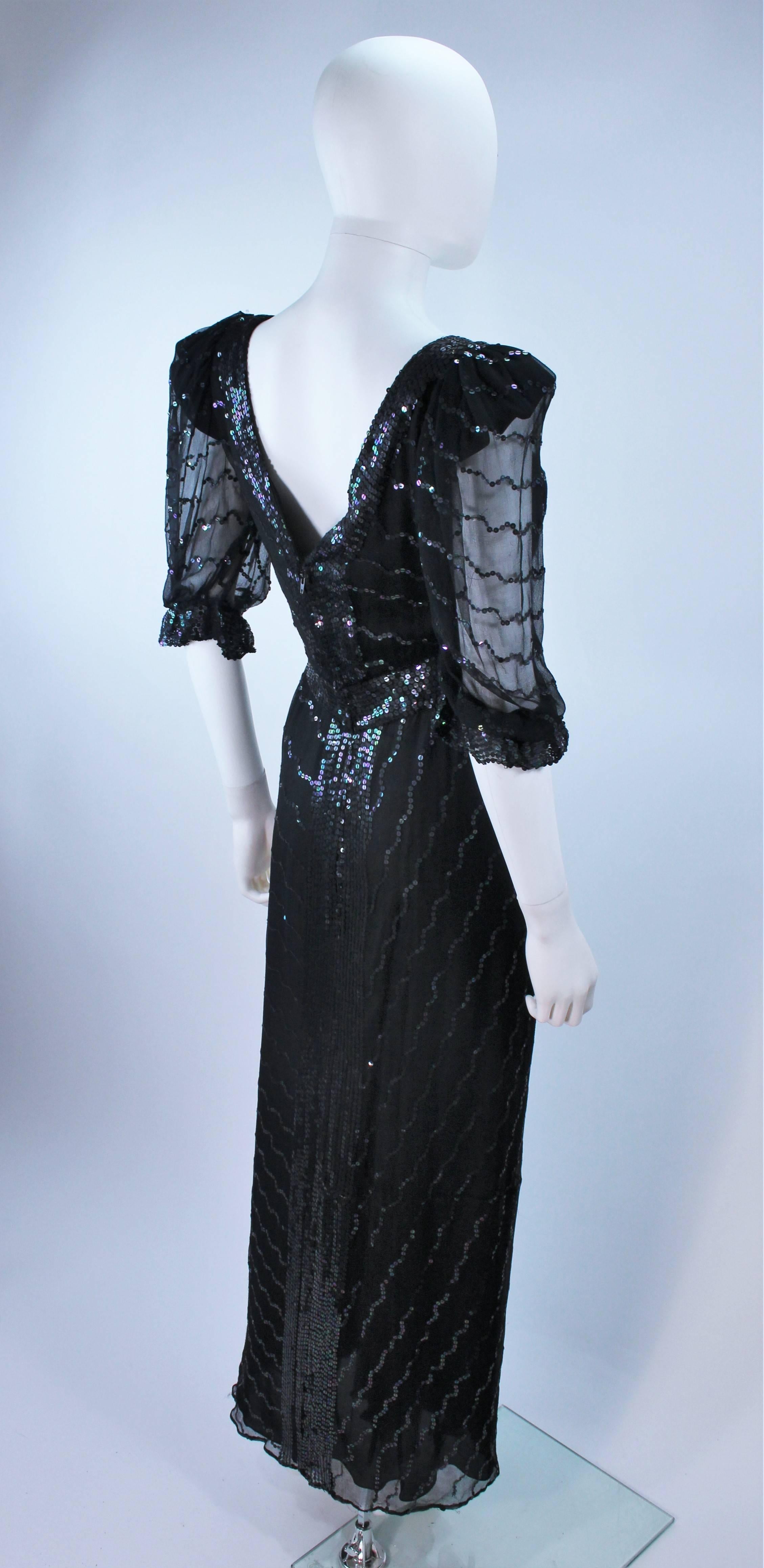1970's VINTAGE Black Silk Chiffon Gown with Iridescent Sequins Size 4 6 For Sale 3