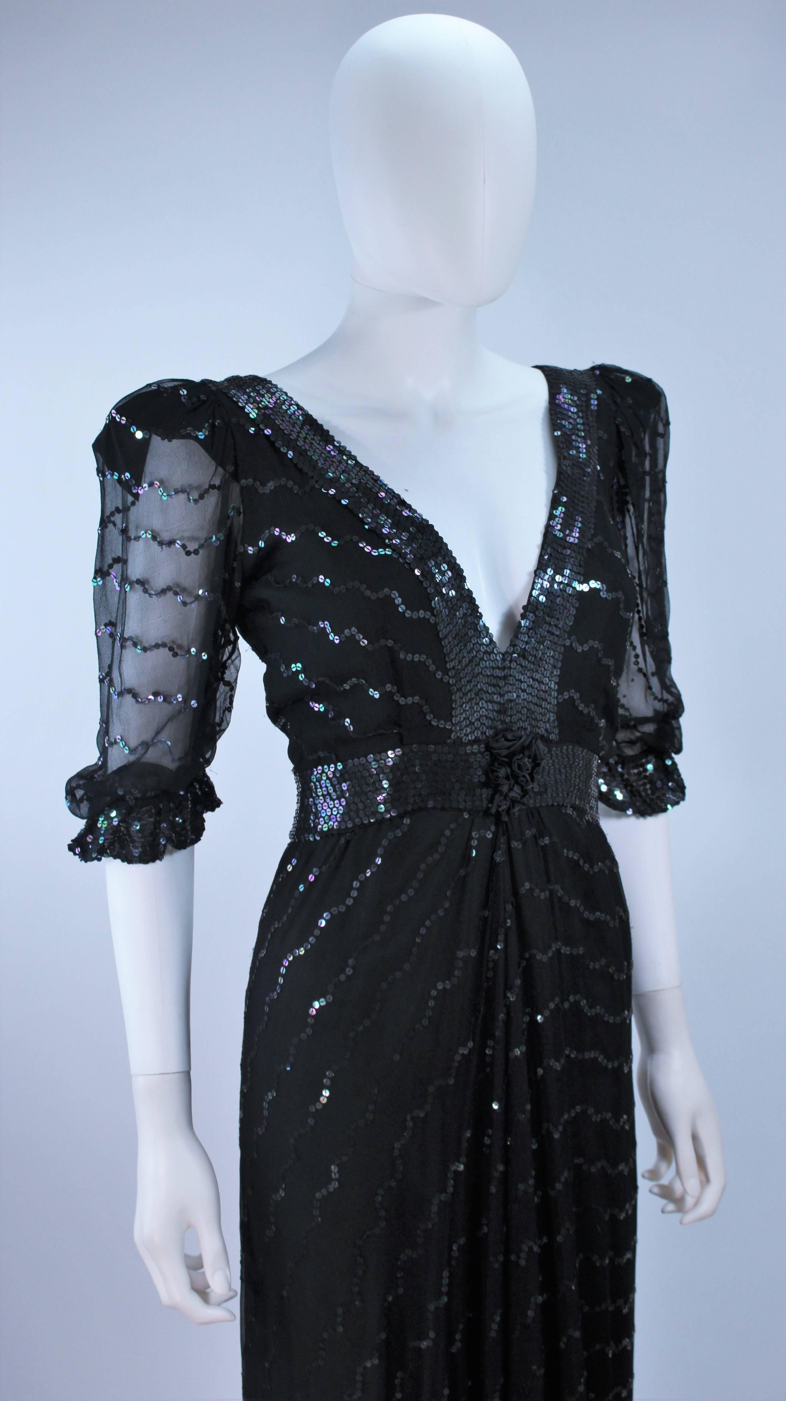 1970's VINTAGE Black Silk Chiffon Gown with Iridescent Sequins Size 4 6 For Sale 1