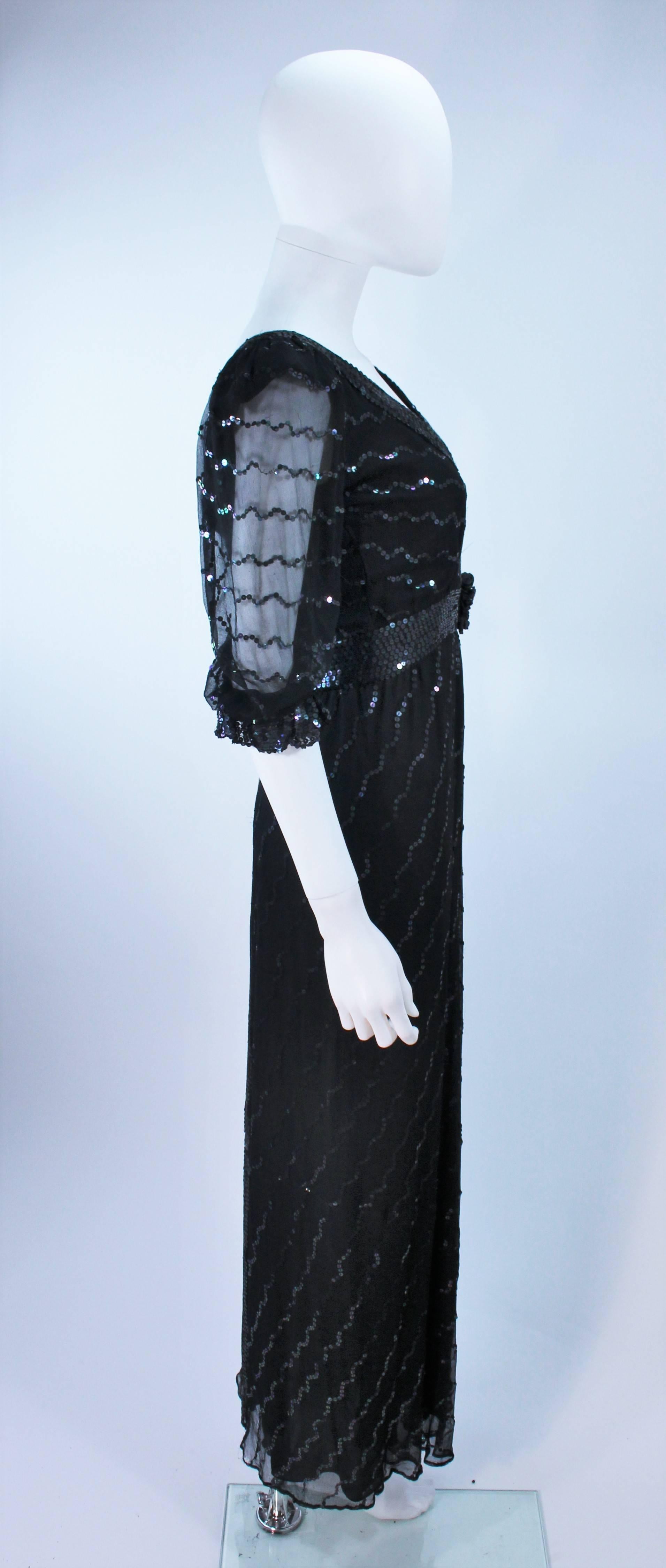 1970's VINTAGE Black Silk Chiffon Gown with Iridescent Sequins Size 4 6 For Sale 2
