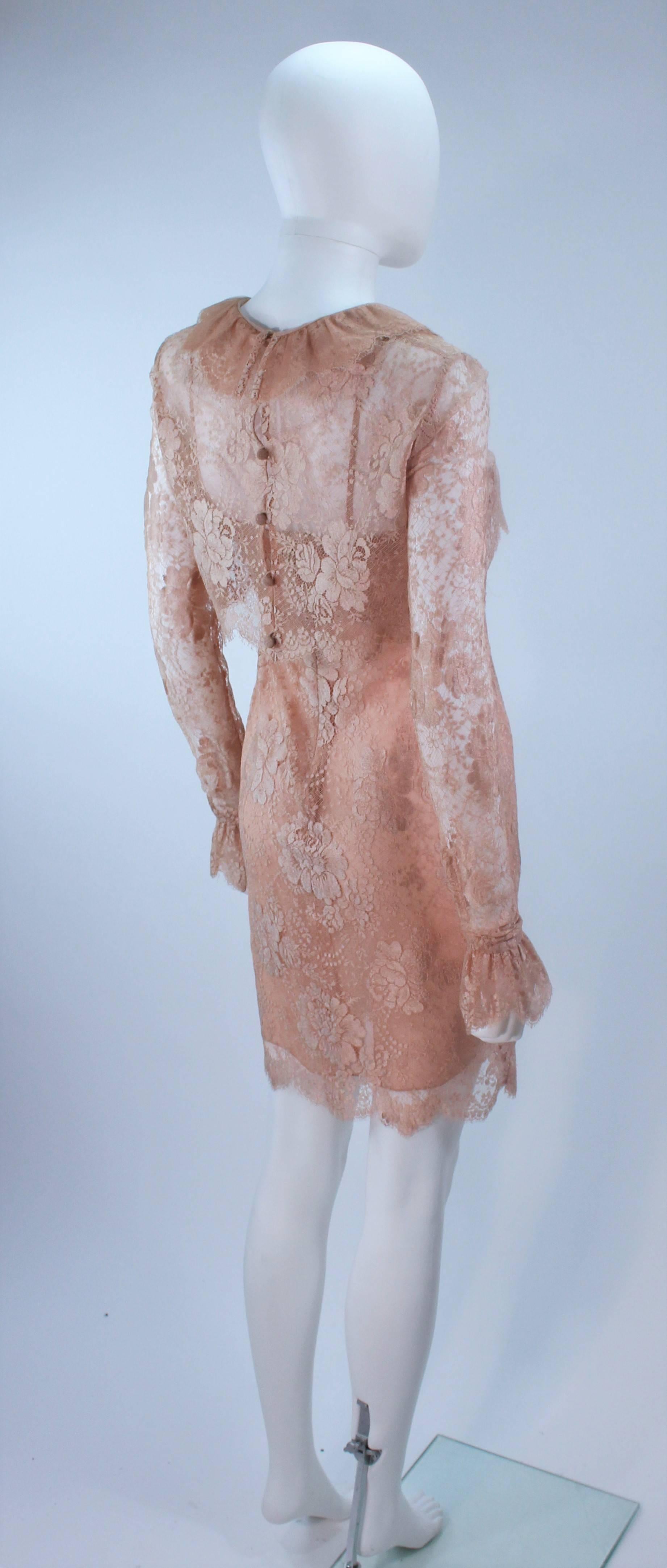 Brown BILL BLASS Nude Peach Lace Cocktail Dress with Over Blouse Size 6 For Sale