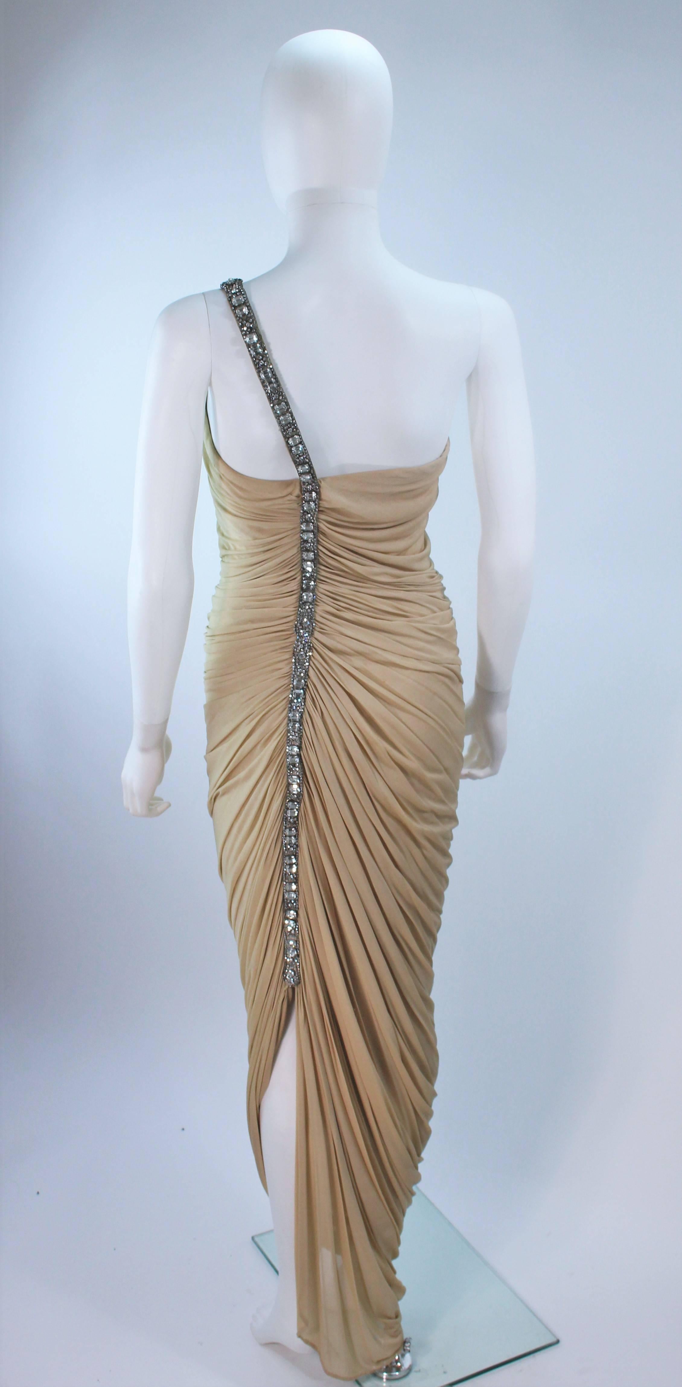 Brown ELIZABETH MASON COUTURE Rhinestone Nude Jersey Draped Gown Made to Order For Sale