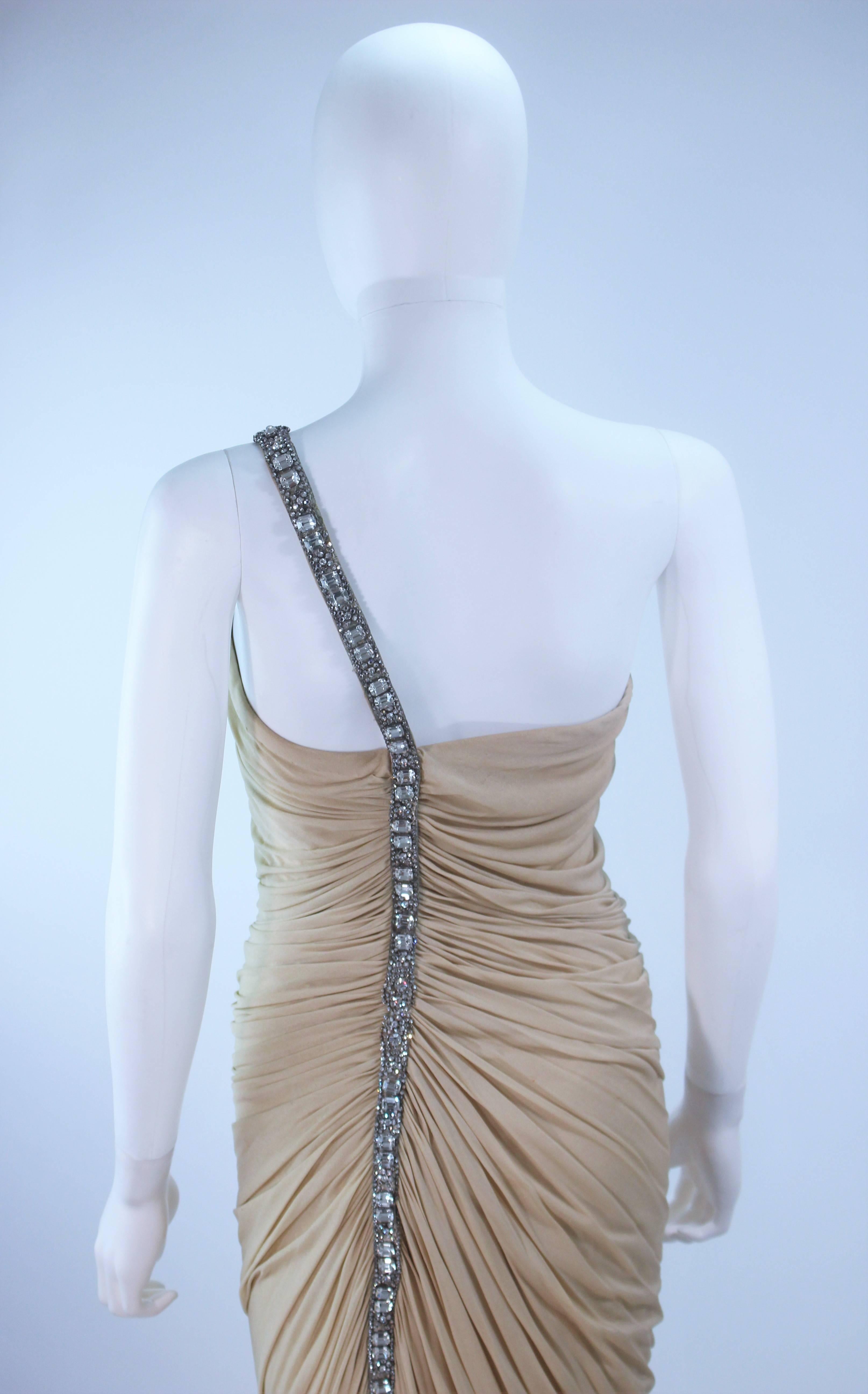 ELIZABETH MASON COUTURE Rhinestone Nude Jersey Draped Gown Made to Order In Excellent Condition For Sale In Los Angeles, CA