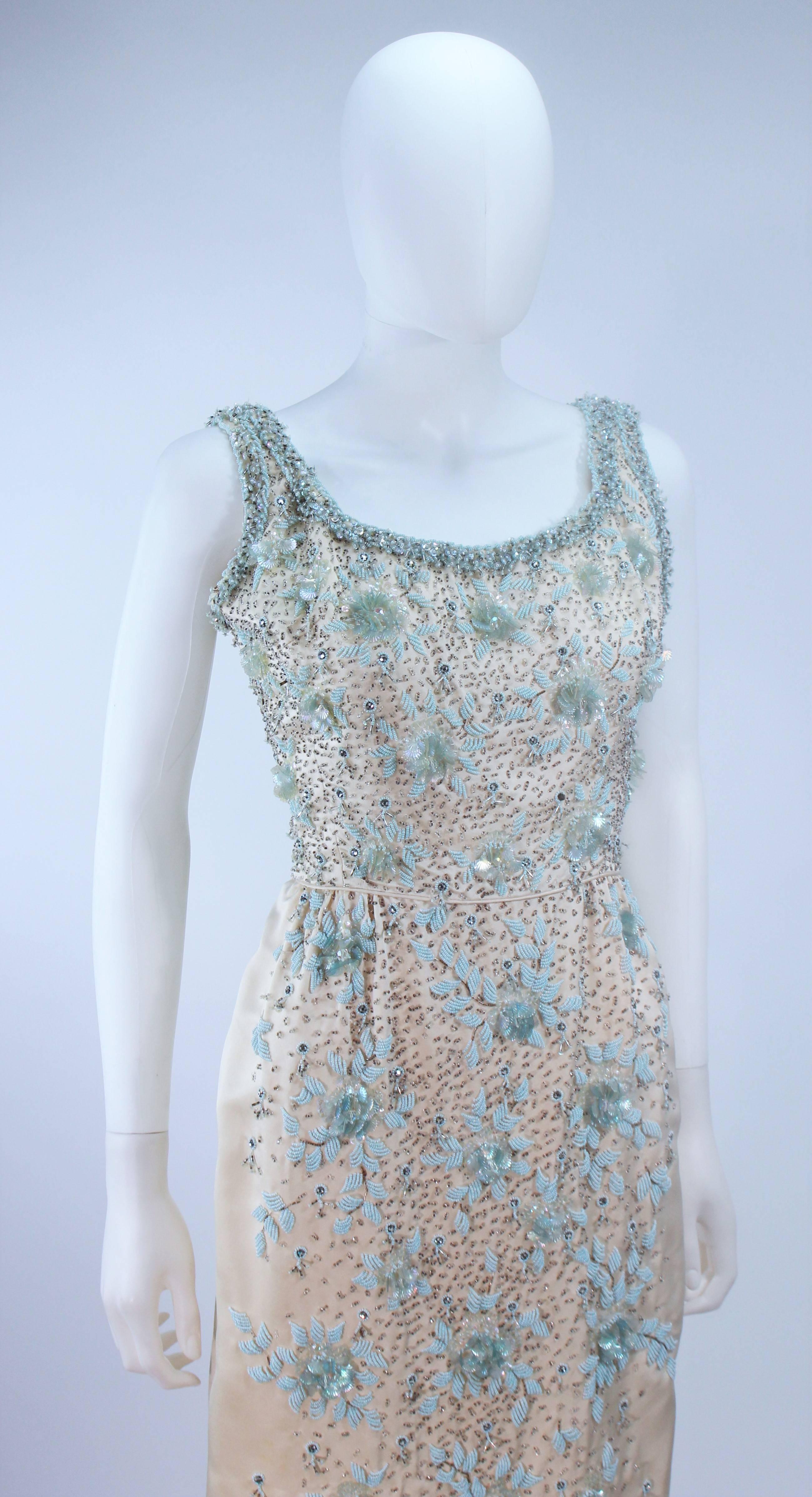 1950's Creme Silk and Blue Floral Relief Beaded Gown Size 6 8 For Sale 1