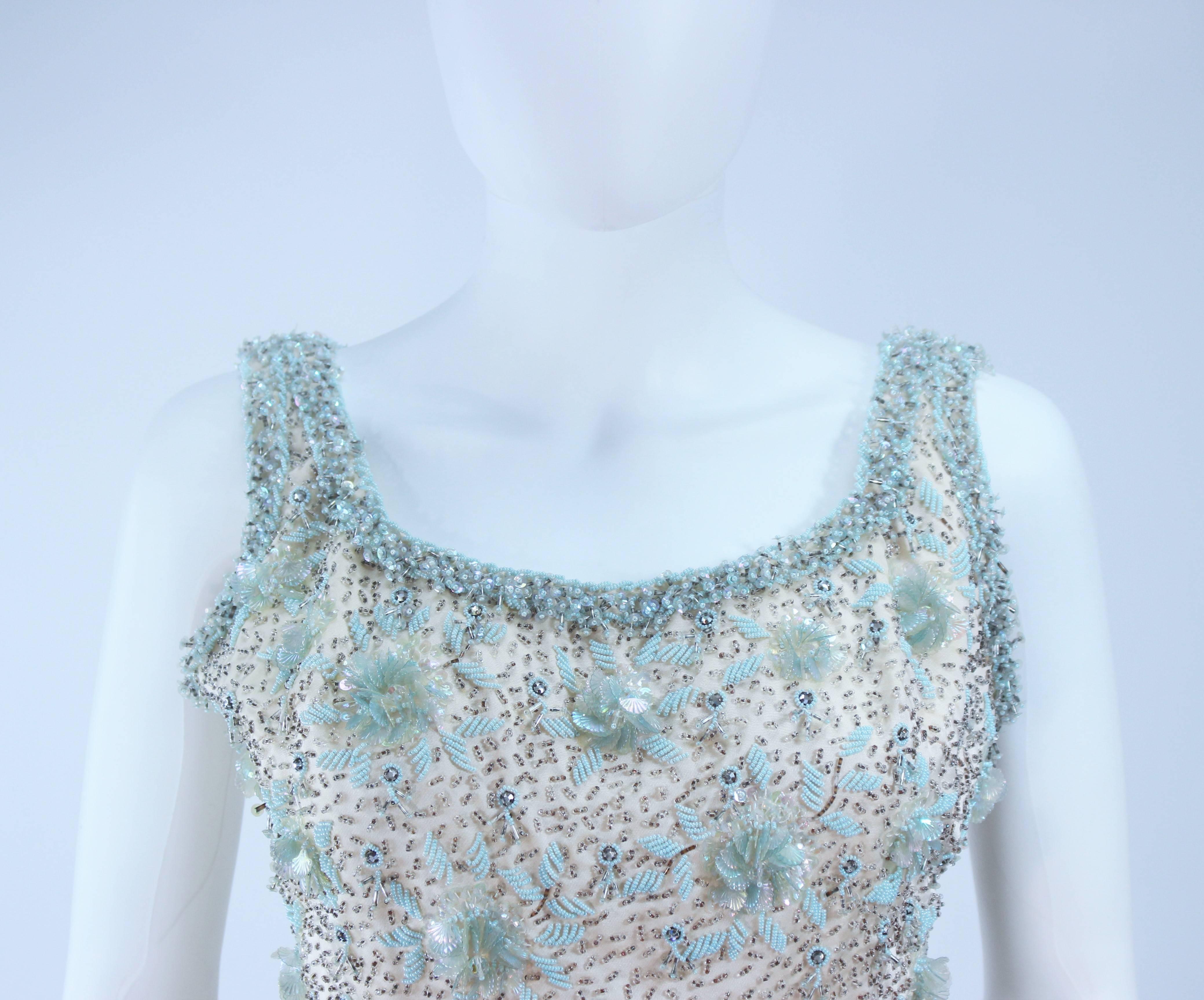 1950's Creme Silk and Blue Floral Relief Beaded Gown Size 6 8 In Excellent Condition For Sale In Los Angeles, CA