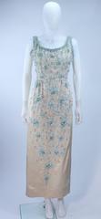1950's Creme Silk and Blue Floral Relief Beaded Gown Size 6 8