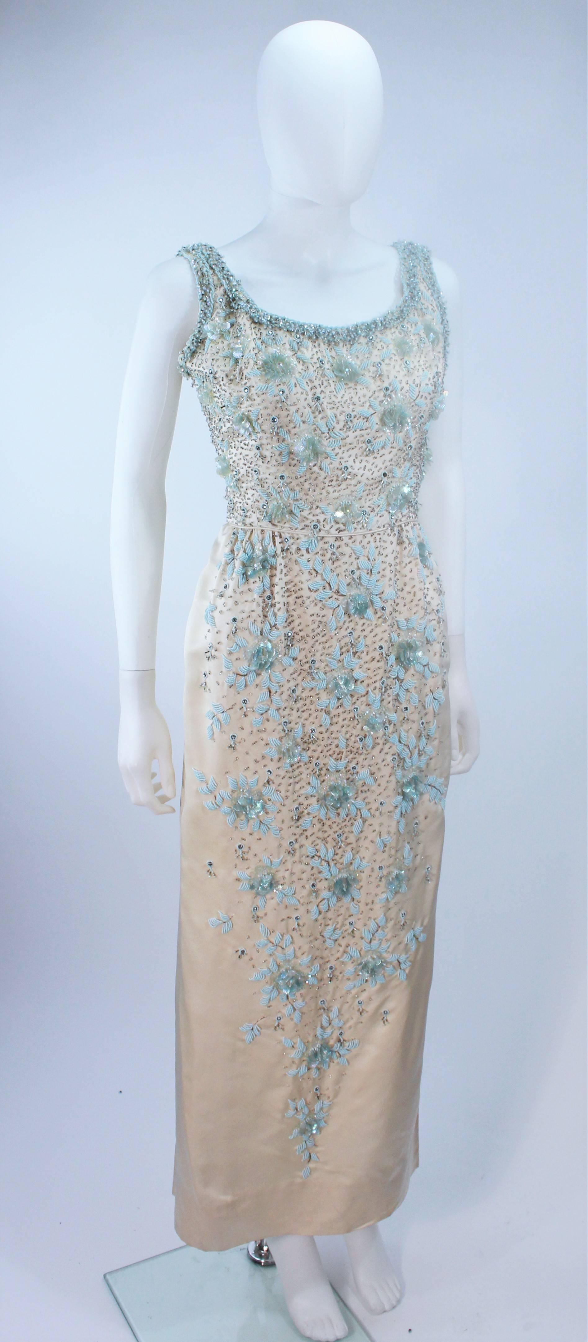 Women's 1950's Creme Silk and Blue Floral Relief Beaded Gown Size 6 8 For Sale