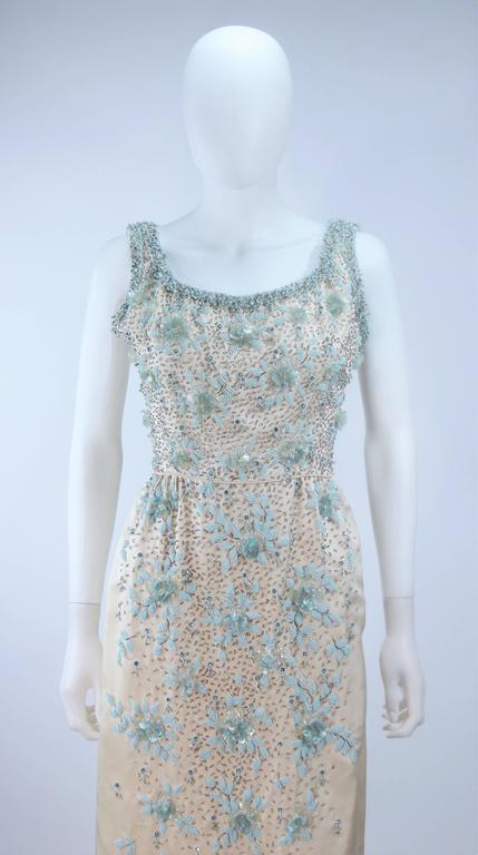 1950's Creme Silk and Blue Floral Relief Beaded Gown Size 6 8 For Sale ...