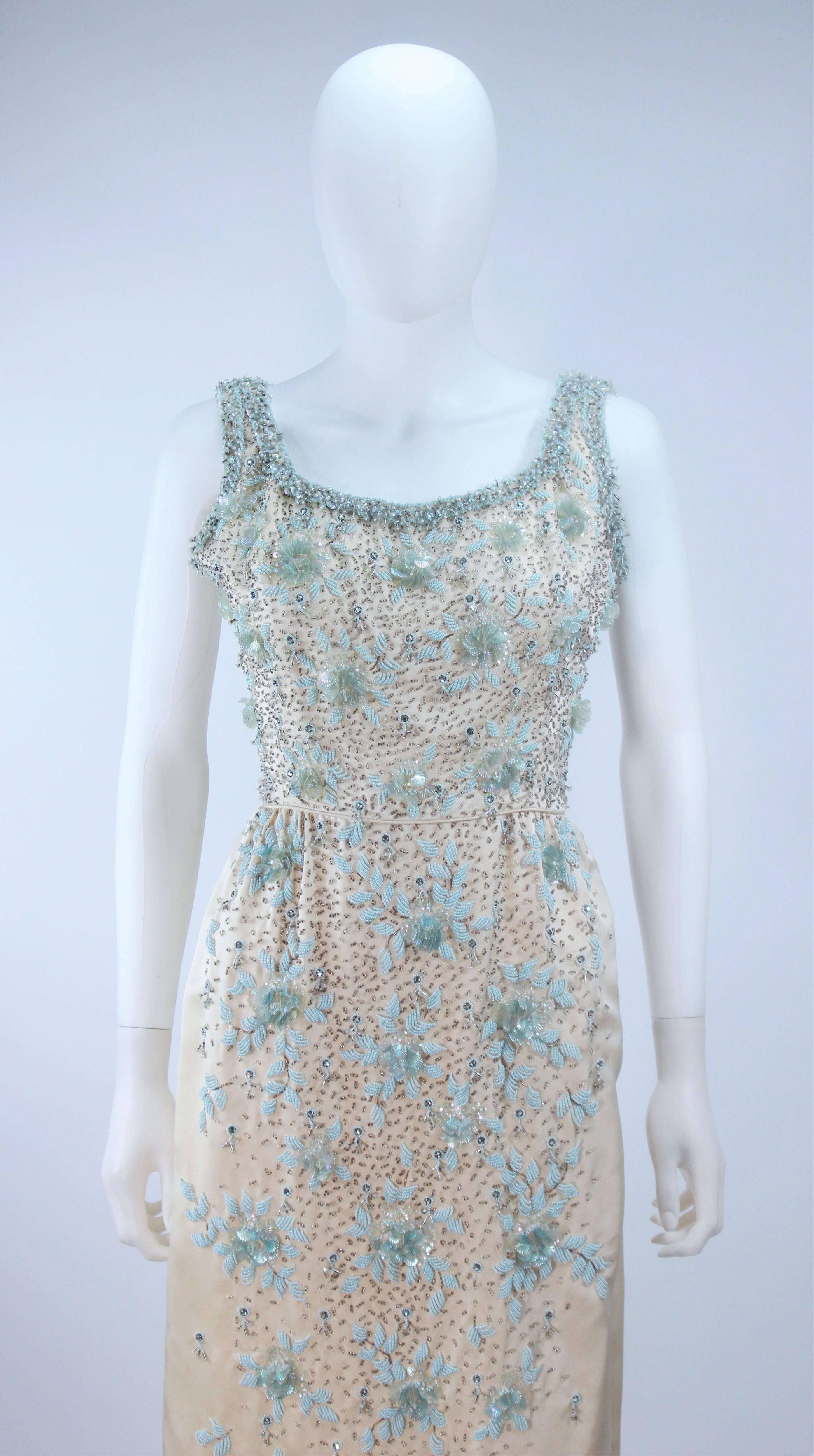 Gray 1950's Creme Silk and Blue Floral Relief Beaded Gown Size 6 8 For Sale