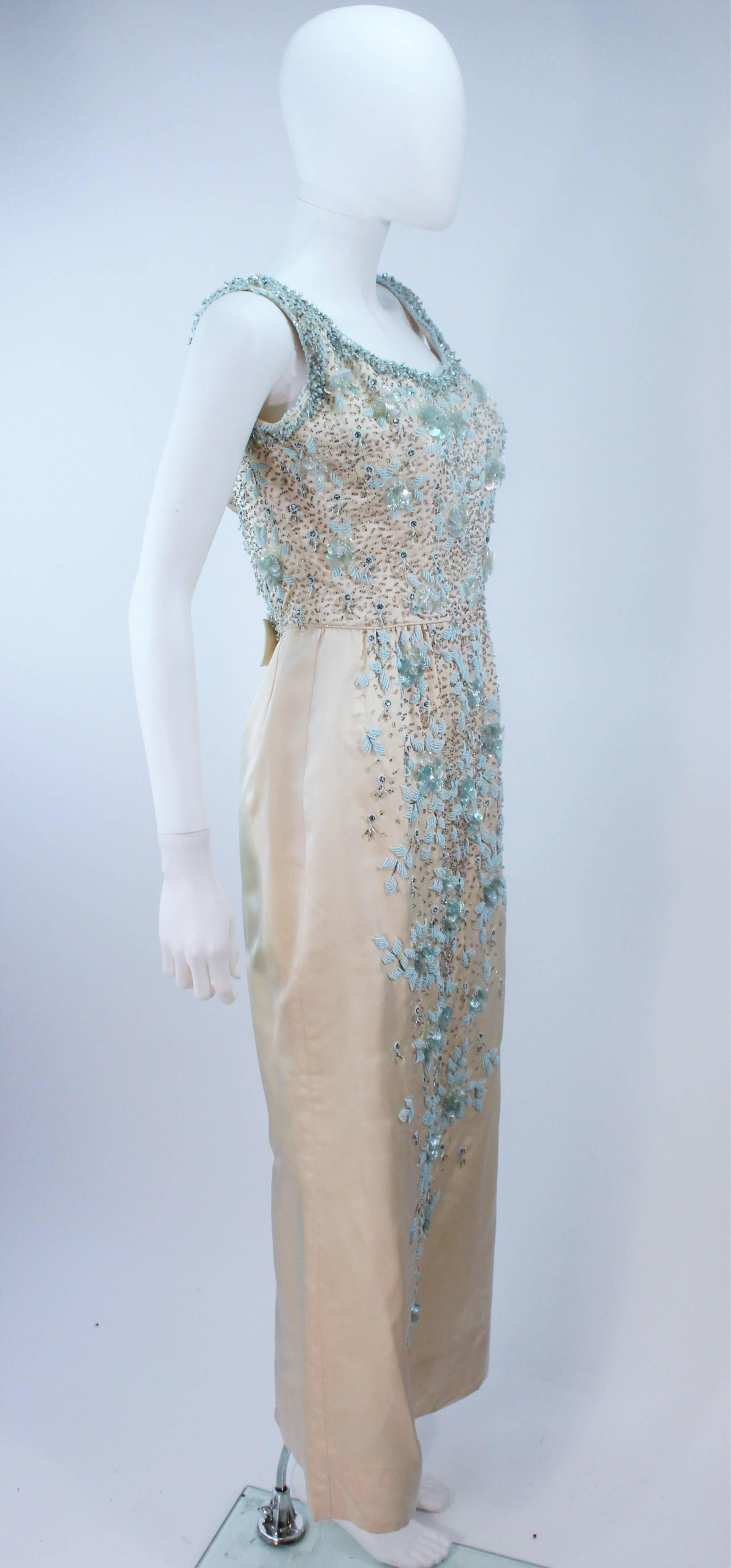 1950's Creme Silk and Blue Floral Relief Beaded Gown Size 6 8 For Sale 2