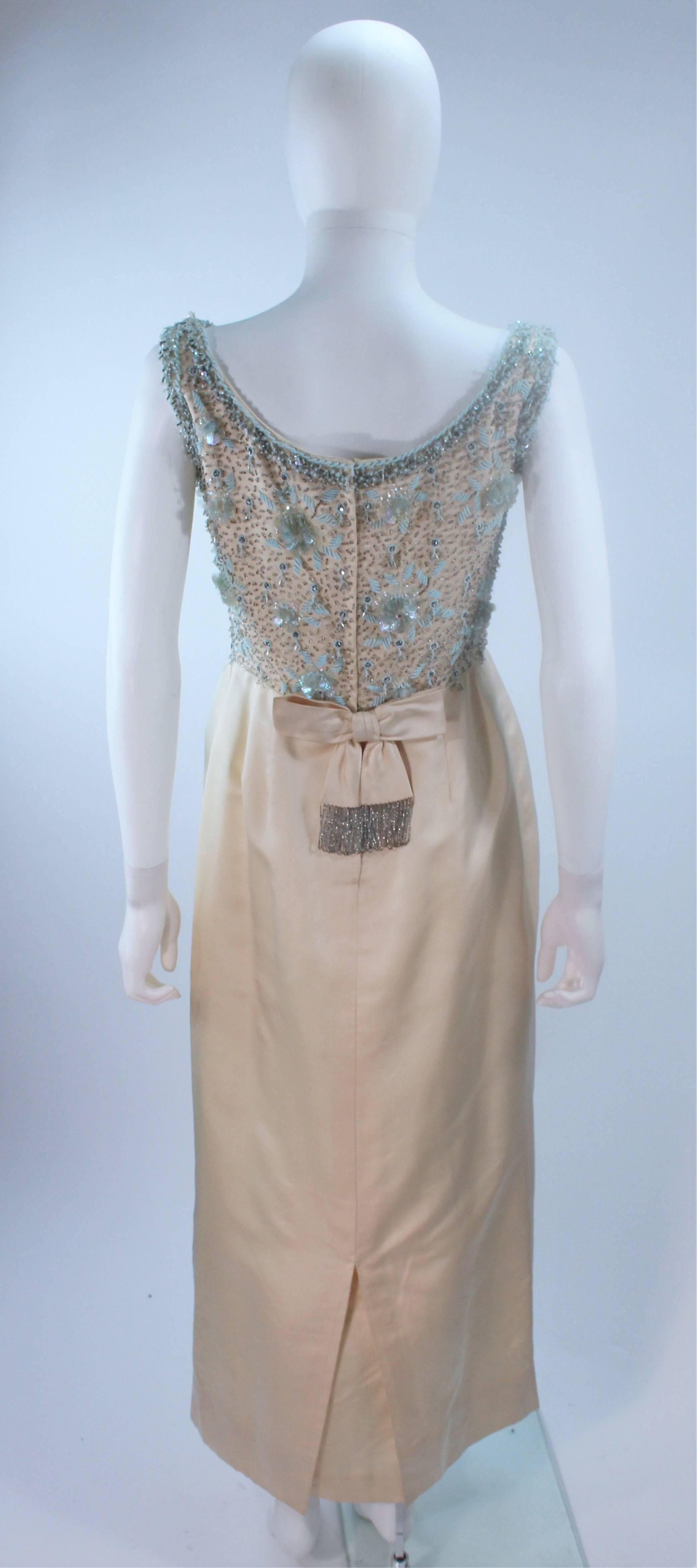 1950's Creme Silk and Blue Floral Relief Beaded Gown Size 6 8 For Sale 3