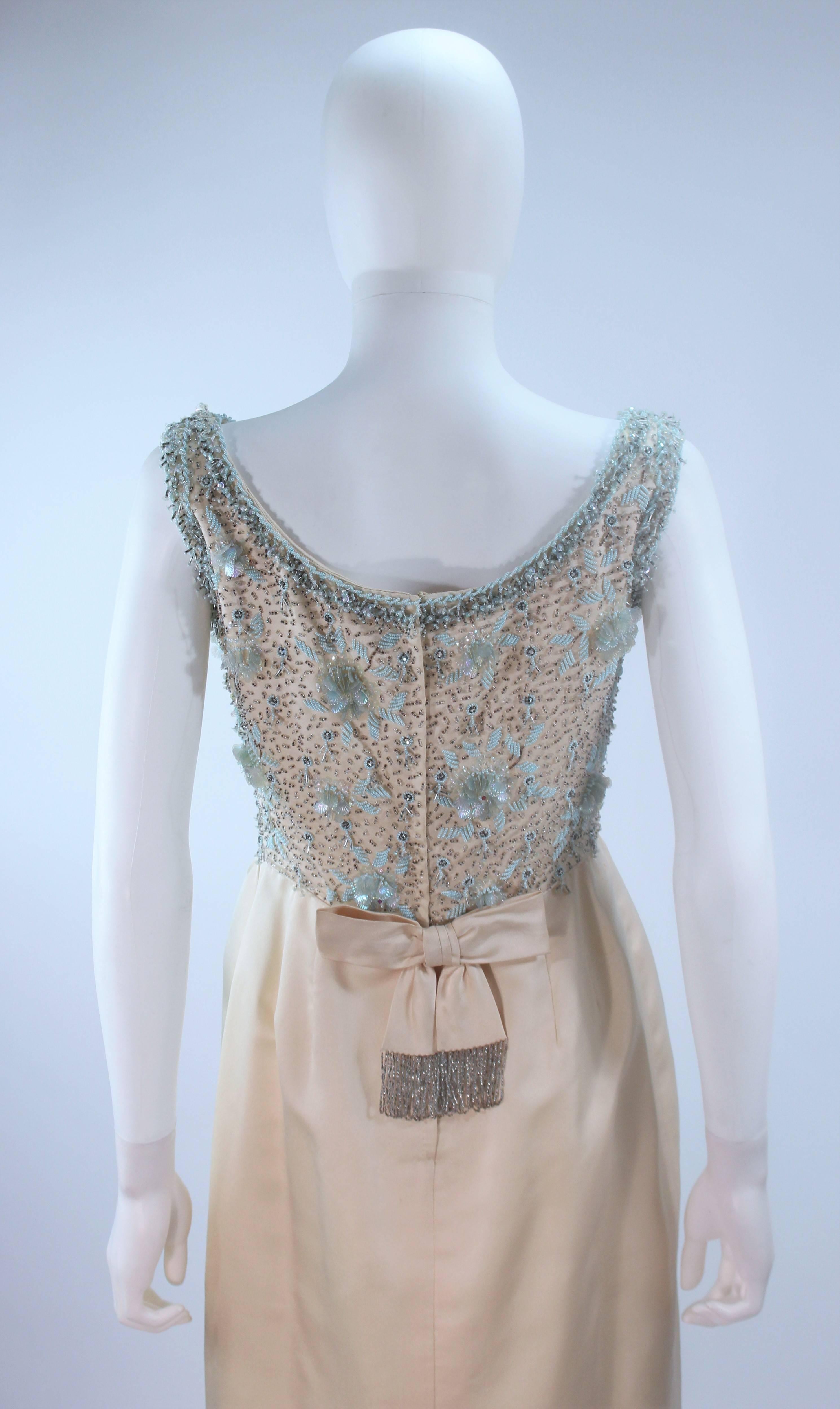 1950's Creme Silk and Blue Floral Relief Beaded Gown Size 6 8 For Sale 4