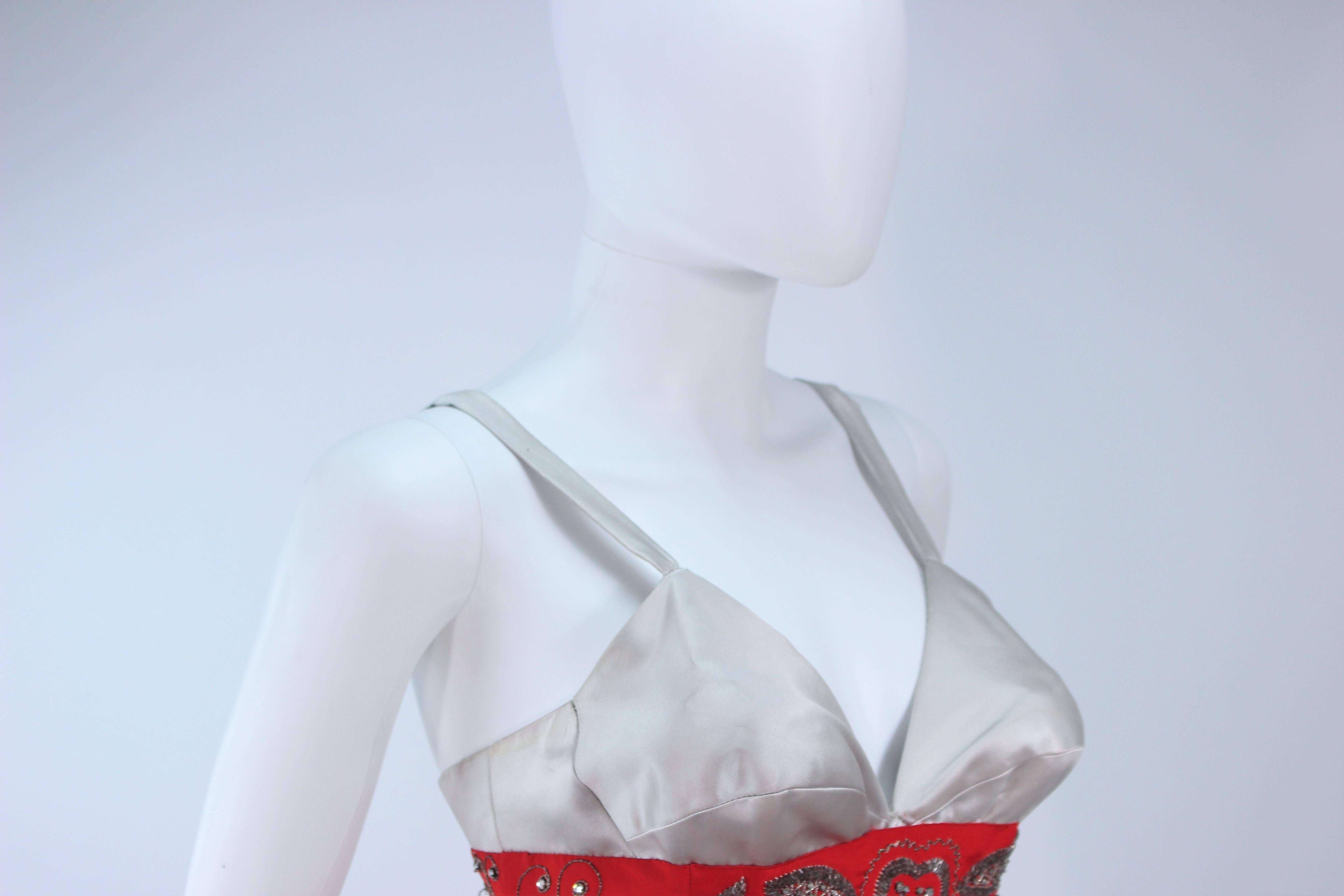 Women's ELEANORA GARNETT 1950's Silver Silk Gown with Red Embellished Waist Size 2 For Sale