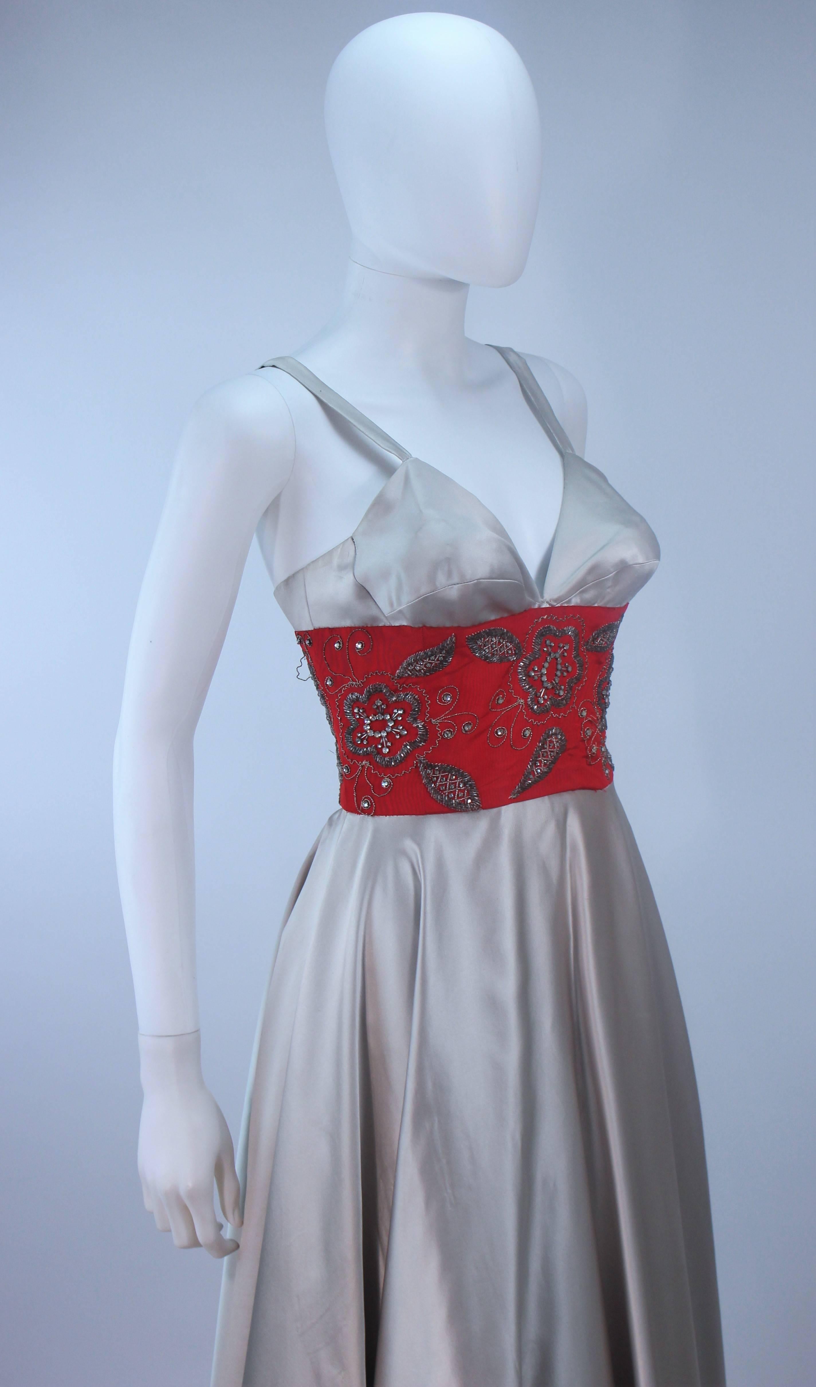 ELEANORA GARNETT 1950's Silver Silk Gown with Red Embellished Waist Size 2 In Excellent Condition For Sale In Los Angeles, CA