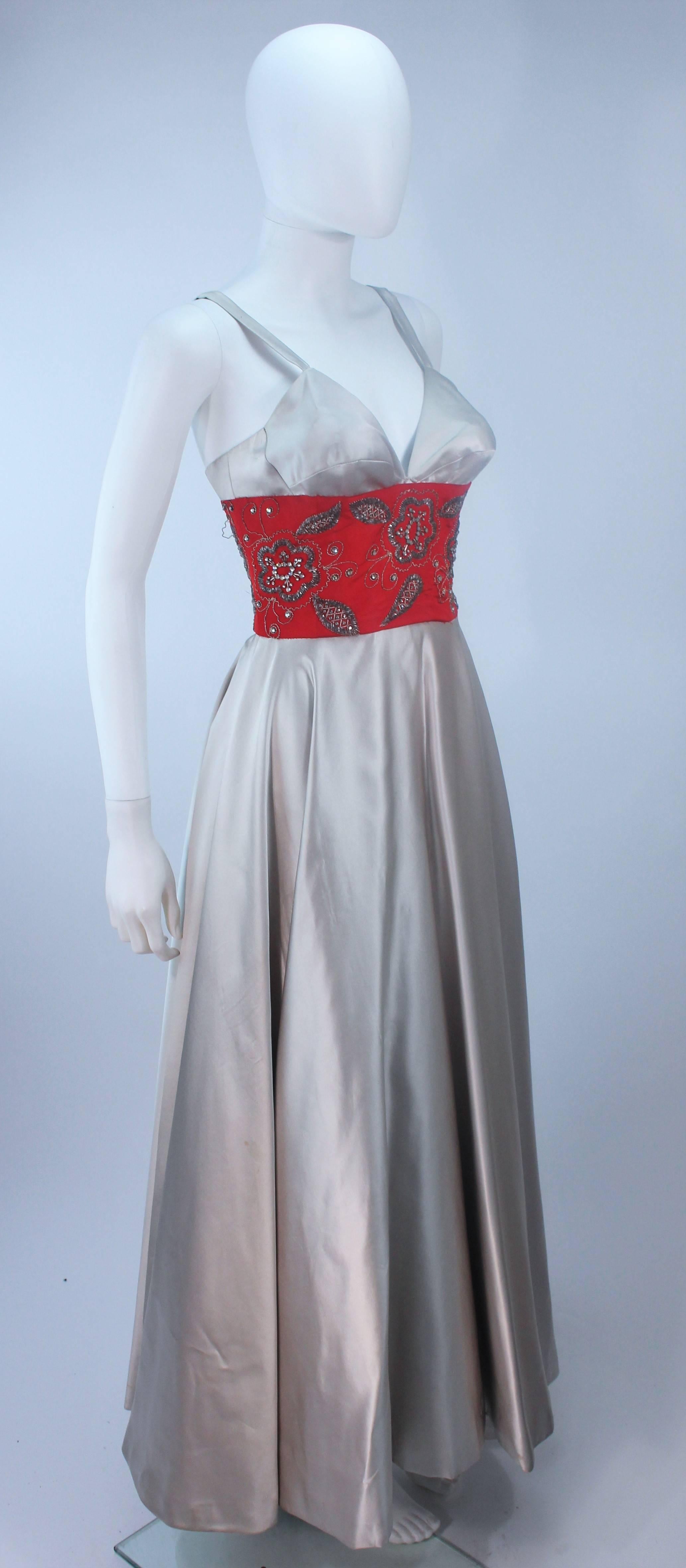 Gray ELEANORA GARNETT 1950's Silver Silk Gown with Red Embellished Waist Size 2 For Sale