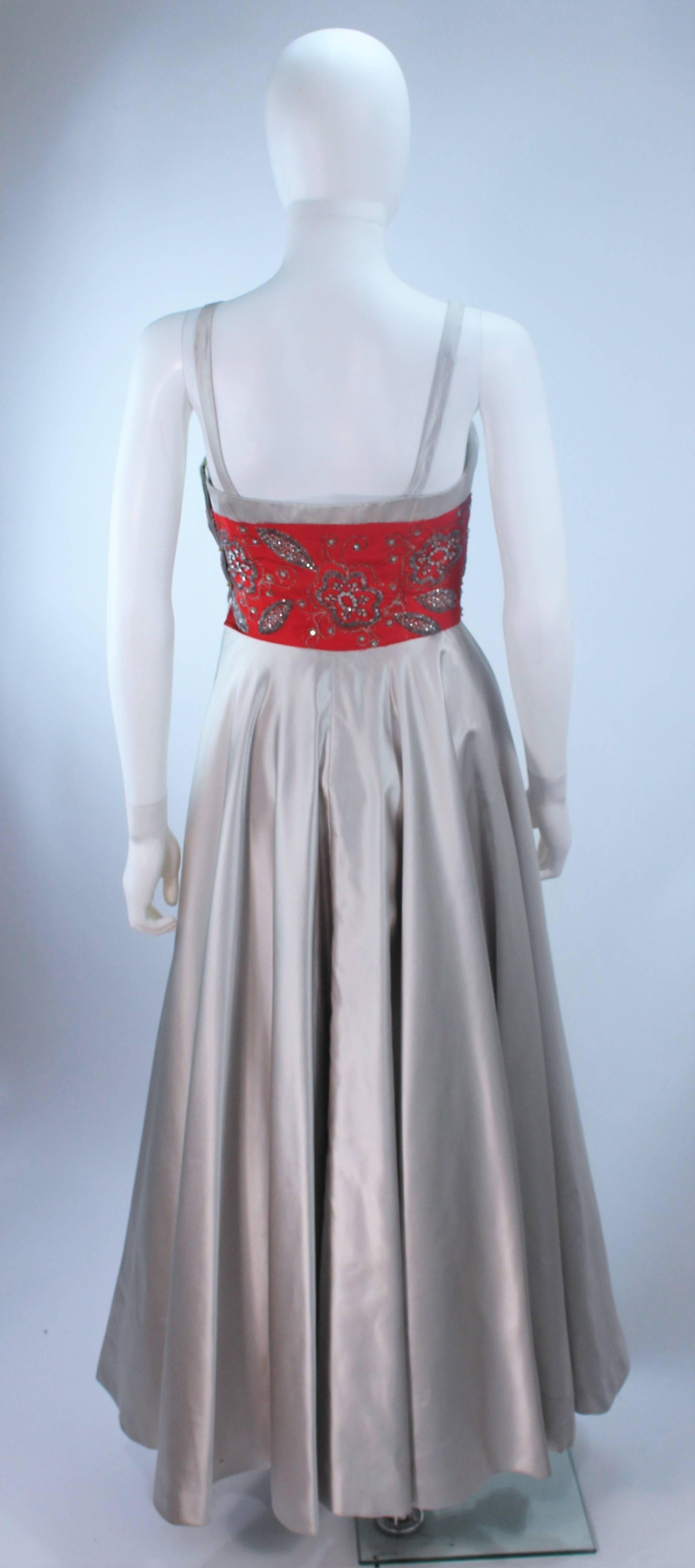ELEANORA GARNETT 1950's Silver Silk Gown with Red Embellished Waist Size 2 For Sale 3