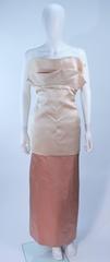 Pauline Trigere Champagne and Peach Satin Silk Strapless Gown with Large Buttons