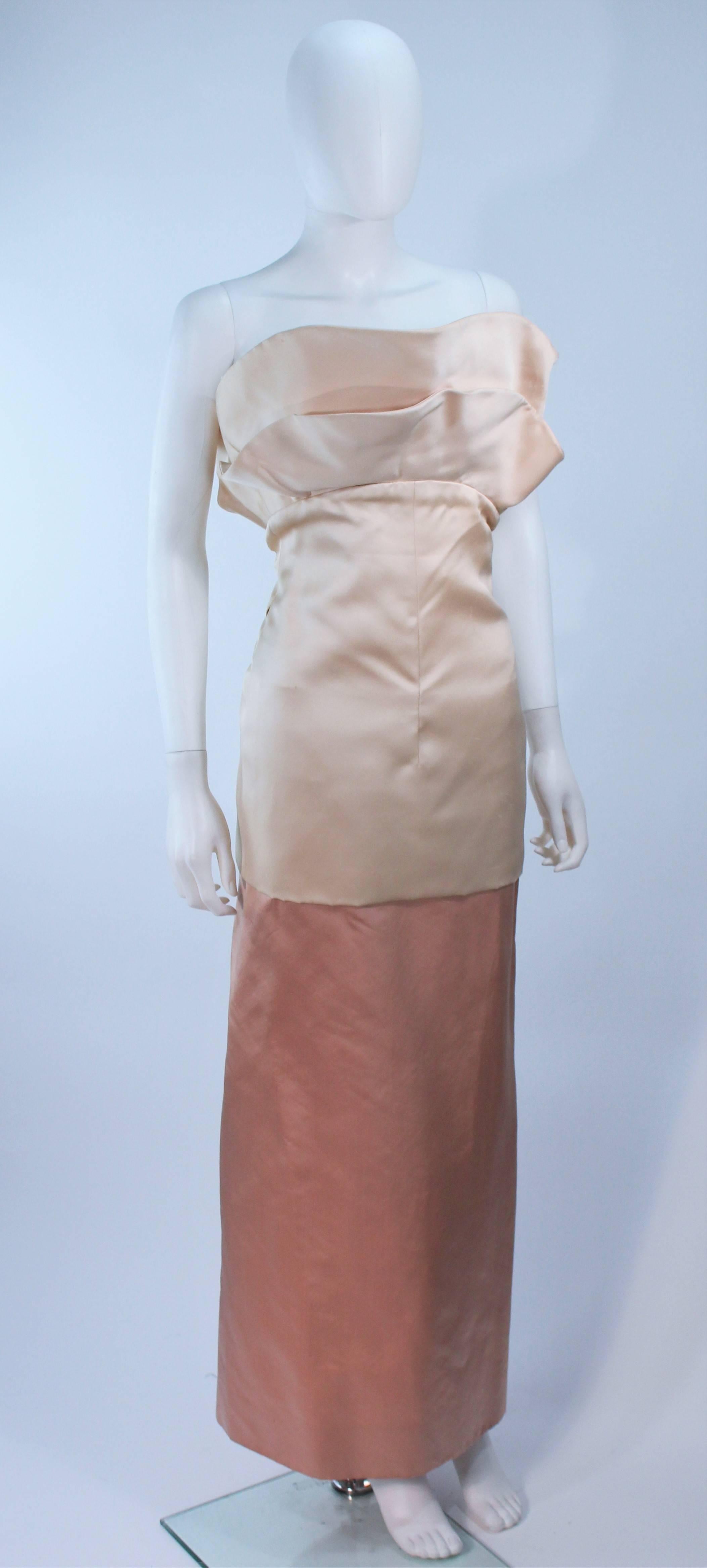 Pauline Trigere Champagne and Peach Satin Silk Strapless Gown with Large Buttons For Sale 1