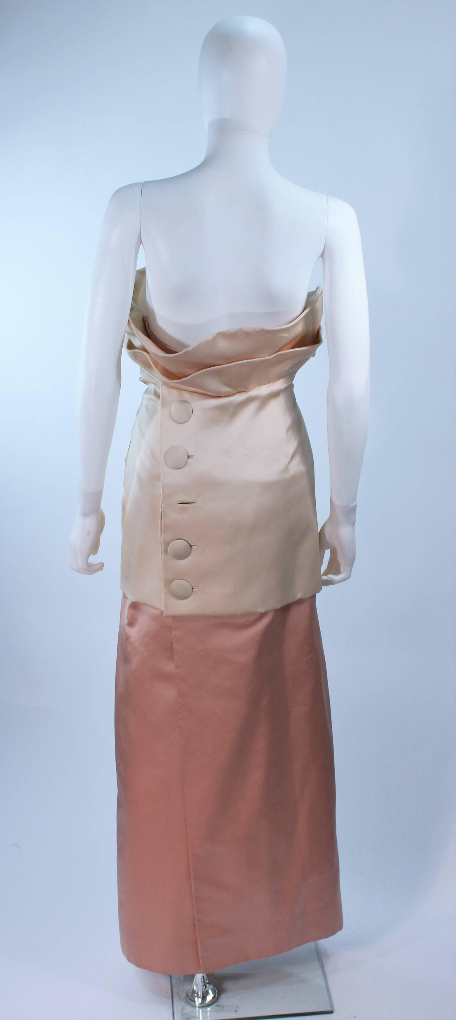 Pauline Trigere Champagne and Peach Satin Silk Strapless Gown with Large Buttons For Sale 5