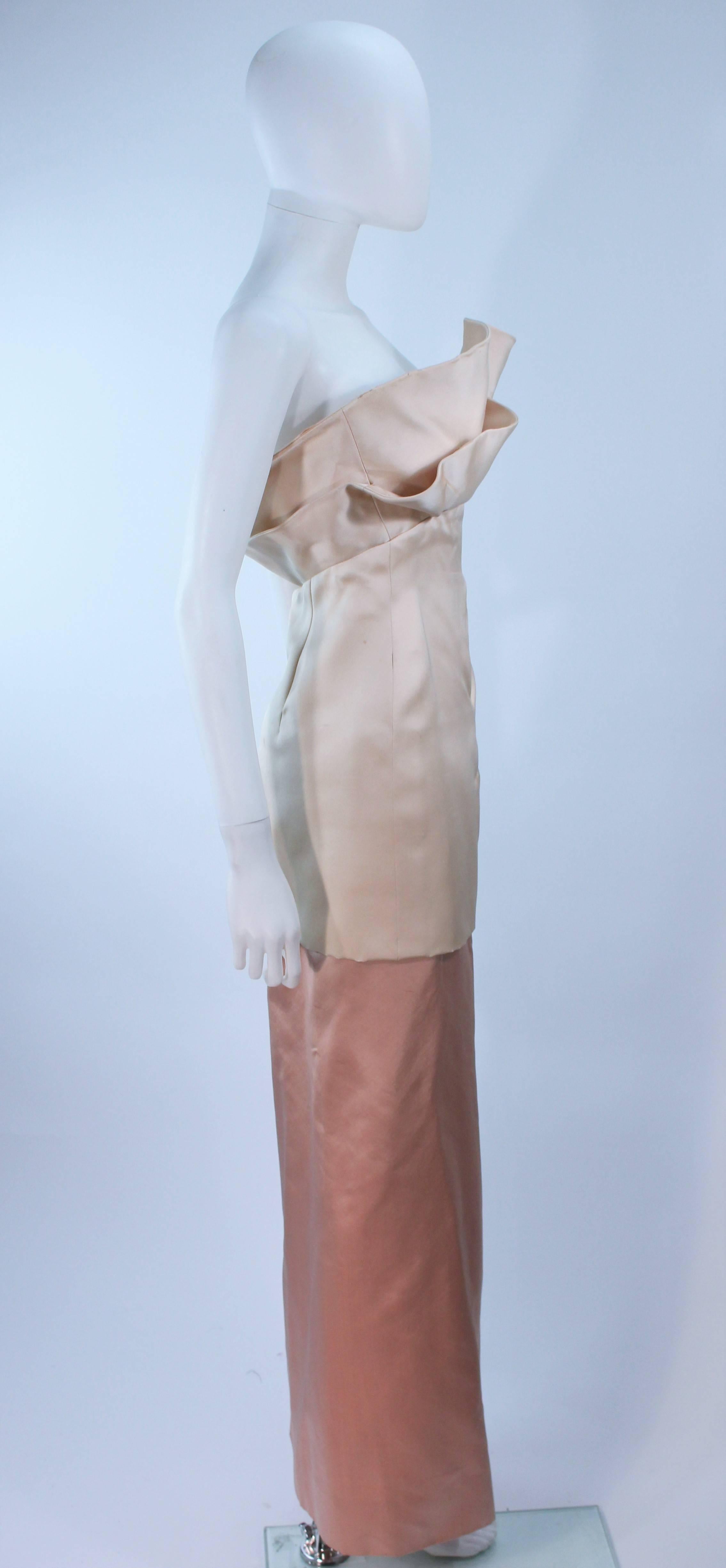 Pauline Trigere Champagne and Peach Satin Silk Strapless Gown with Large Buttons For Sale 4