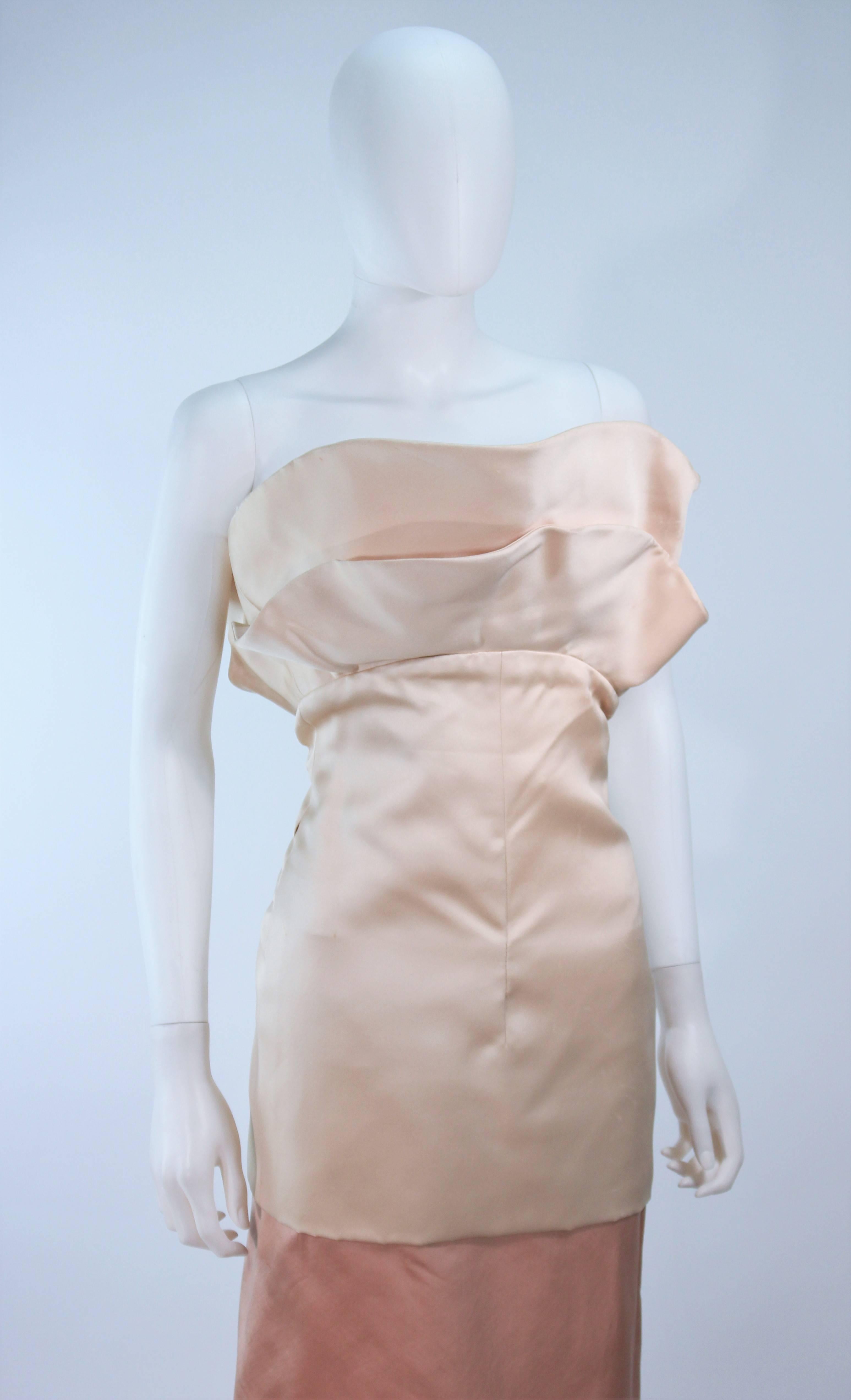 Pauline Trigere Champagne and Peach Satin Silk Strapless Gown with Large Buttons For Sale 2
