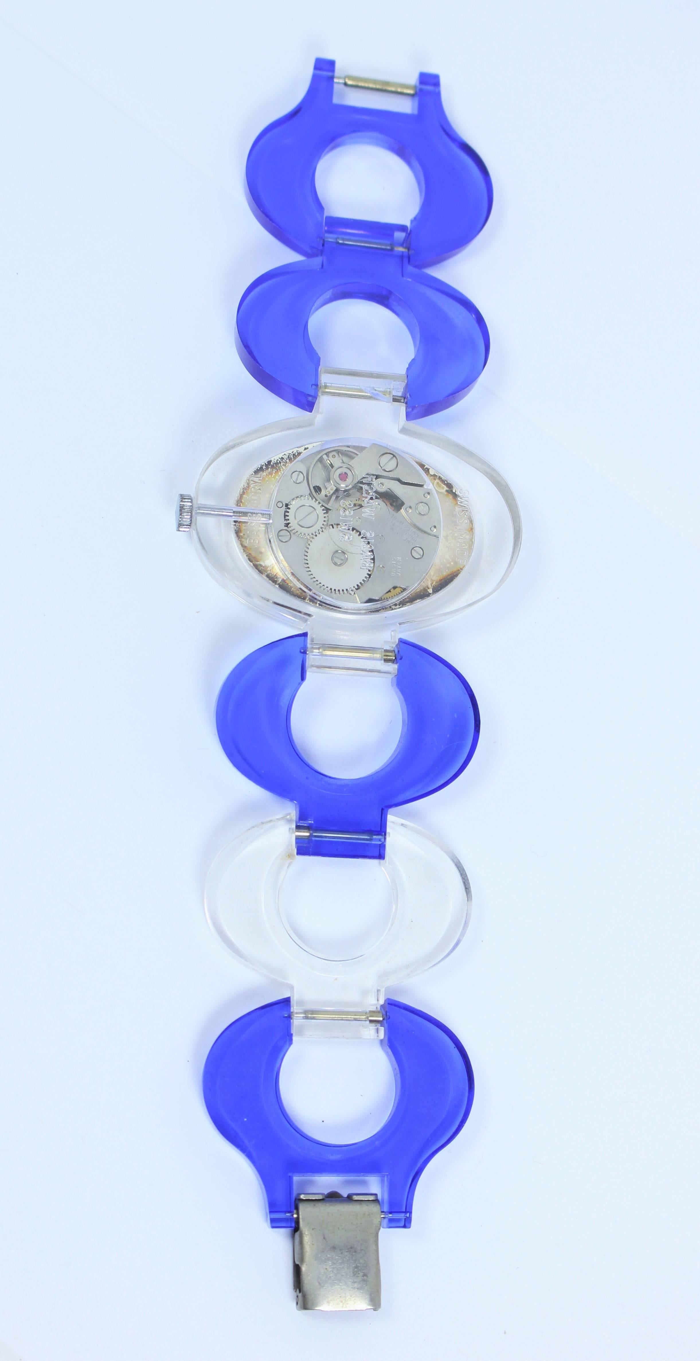 Blue & Clear Lucite Watch 1960's Mount Royal  In Excellent Condition For Sale In Los Angeles, CA