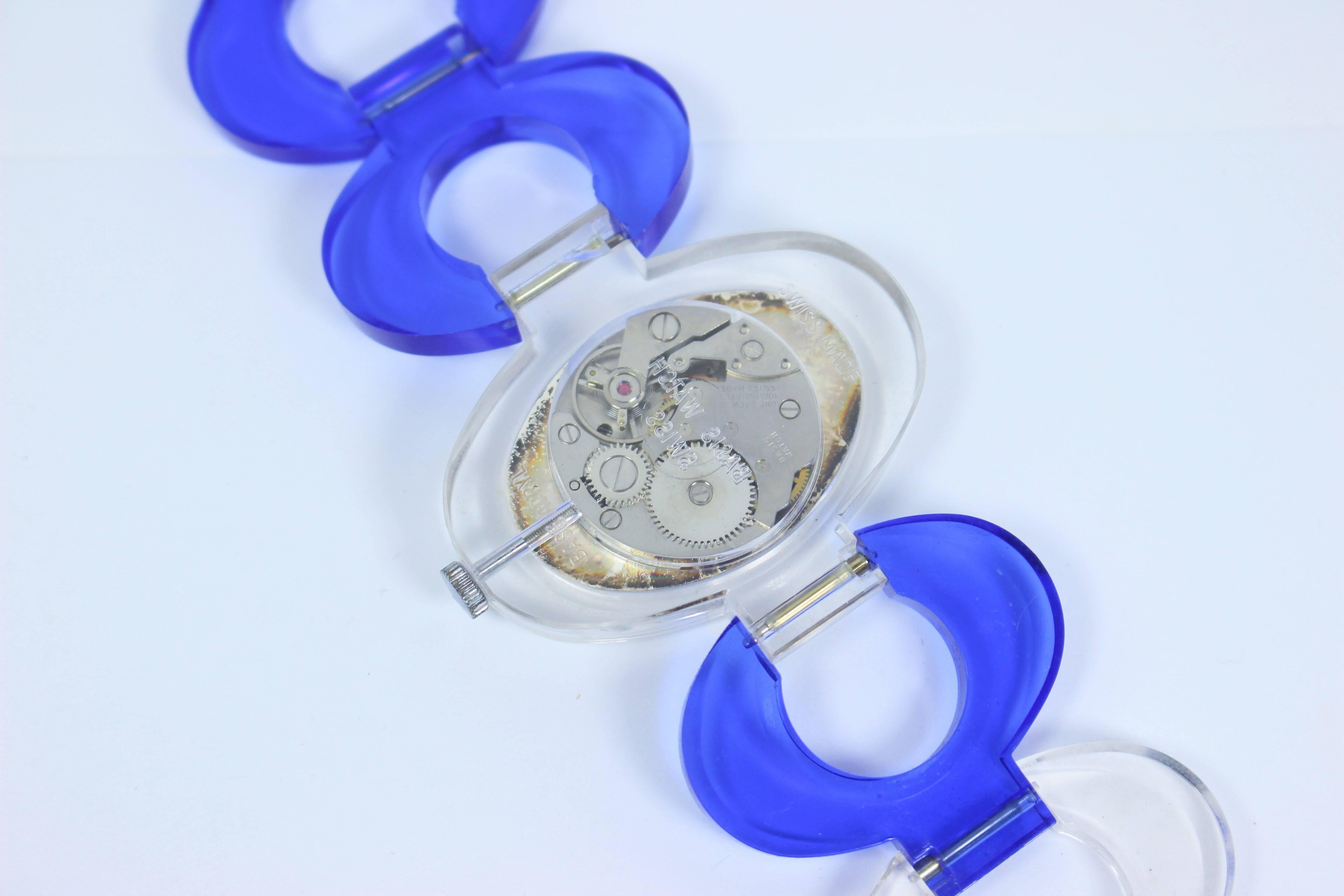 Women's Blue & Clear Lucite Watch 1960's Mount Royal  For Sale