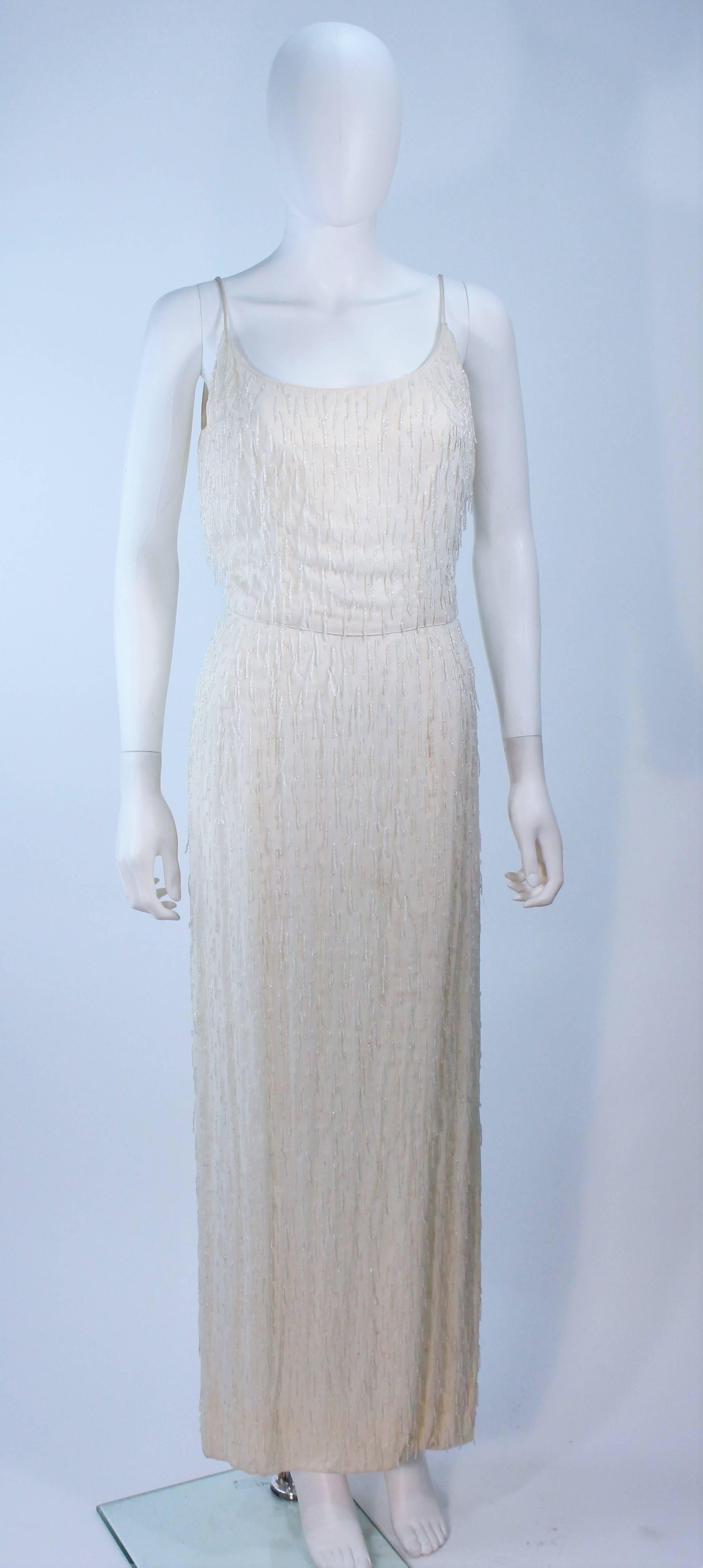 Gray White Vintage Beaded Fringe Gown with Bolero Size 10 For Sale