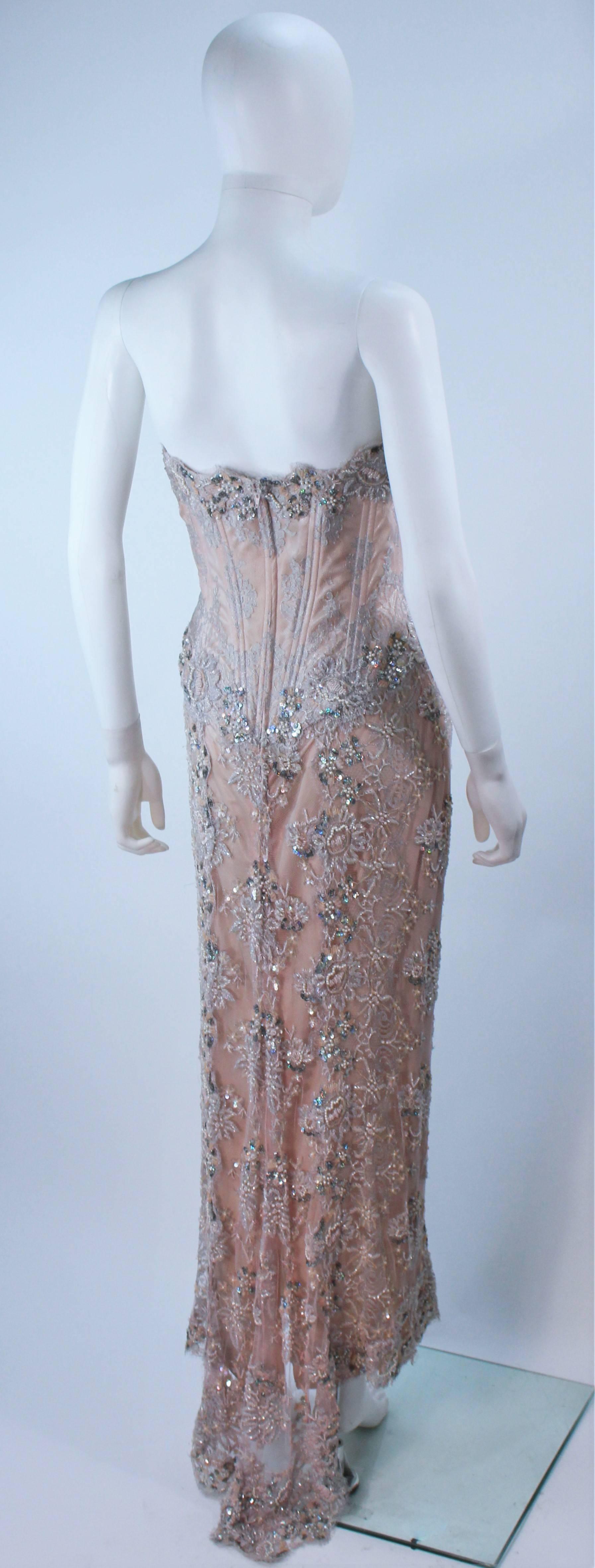 Women's VICKY TIEL Blush Beaded Lace Corset Gown Size 6 For Sale